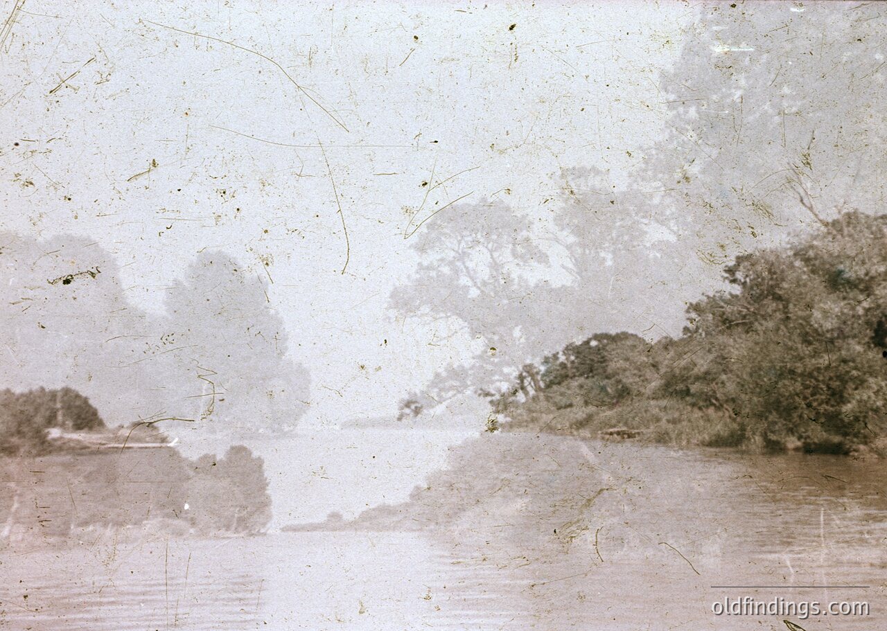 Vintage sepia-toned photograph showing a coastal landscape with rocky shoreline and distant trees. Heavy fading and surface damage suggest age, likely mid-20th century.