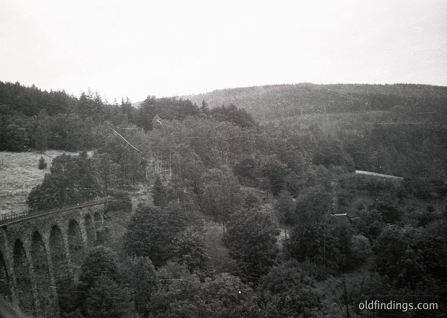 Black-and-white aerial view of a **viaduct bridge** spanning a forested valley, likely mid-20th century. The **multi-arched structure** contrasts with dense woodland and rolling hills. Potential industrial or transport heritage.