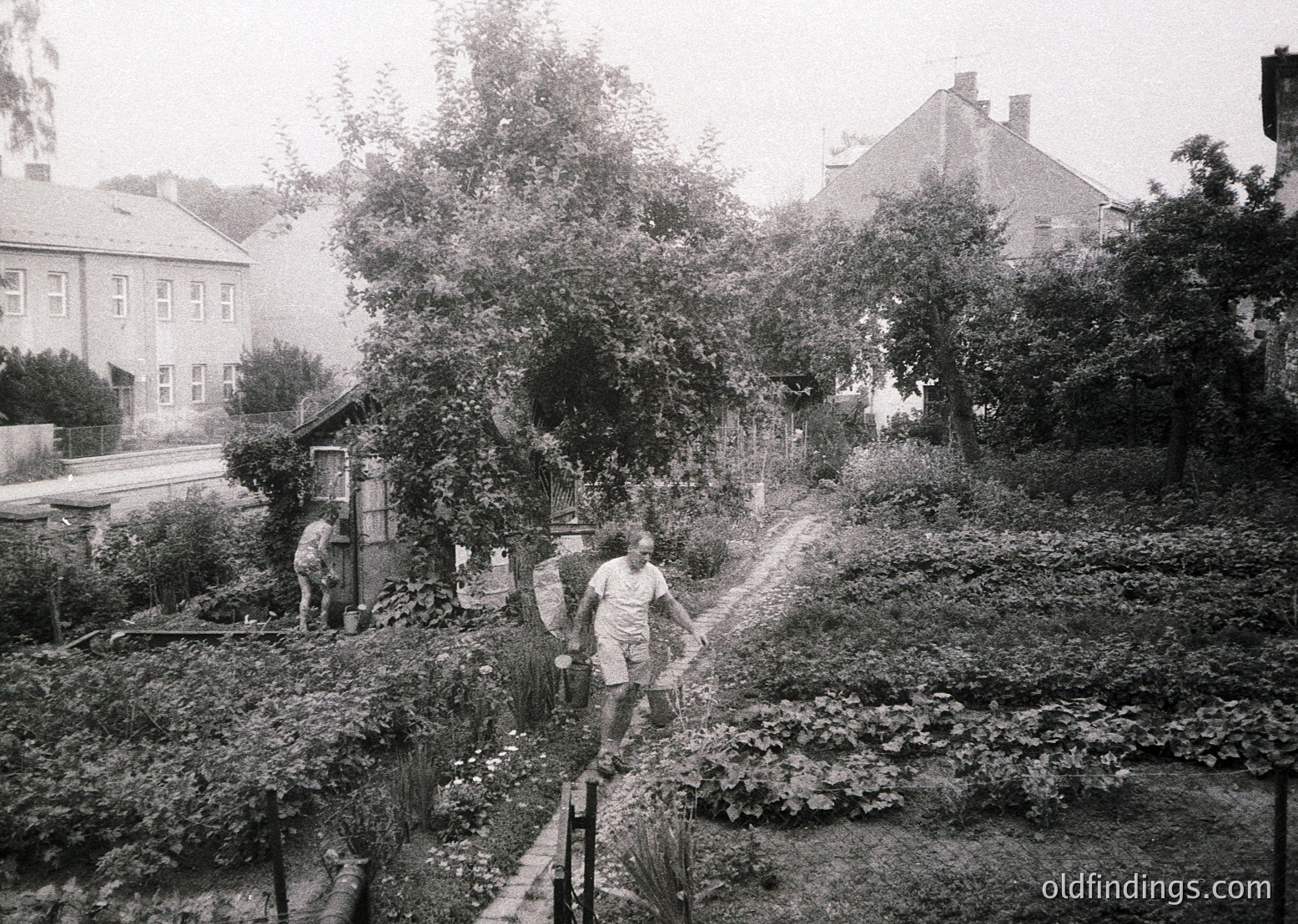 Black-and-white street scene featuring two men walking along a sloped, overgrown pathway flanked by dense greenery. One man in shorts and a light shirt leads, while another in darker attire follows. A rustic wooden structure and residential buildings with white facades and red roofs frame the scene, suggesting a mid-20th-century European setting.