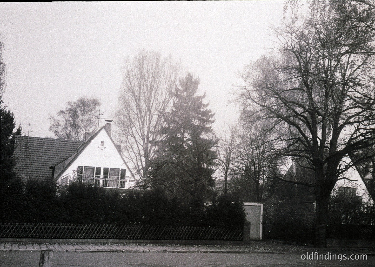 Mid-century suburban home with gabled roof and white exterior, framed by dense evergreen trees and leafless deciduous foliage. Overcast sky enhances muted tones. Black-and-white film grain suggests vintage aesthetic, likely 1950s–1970s. Fenced property with gravel driveway.