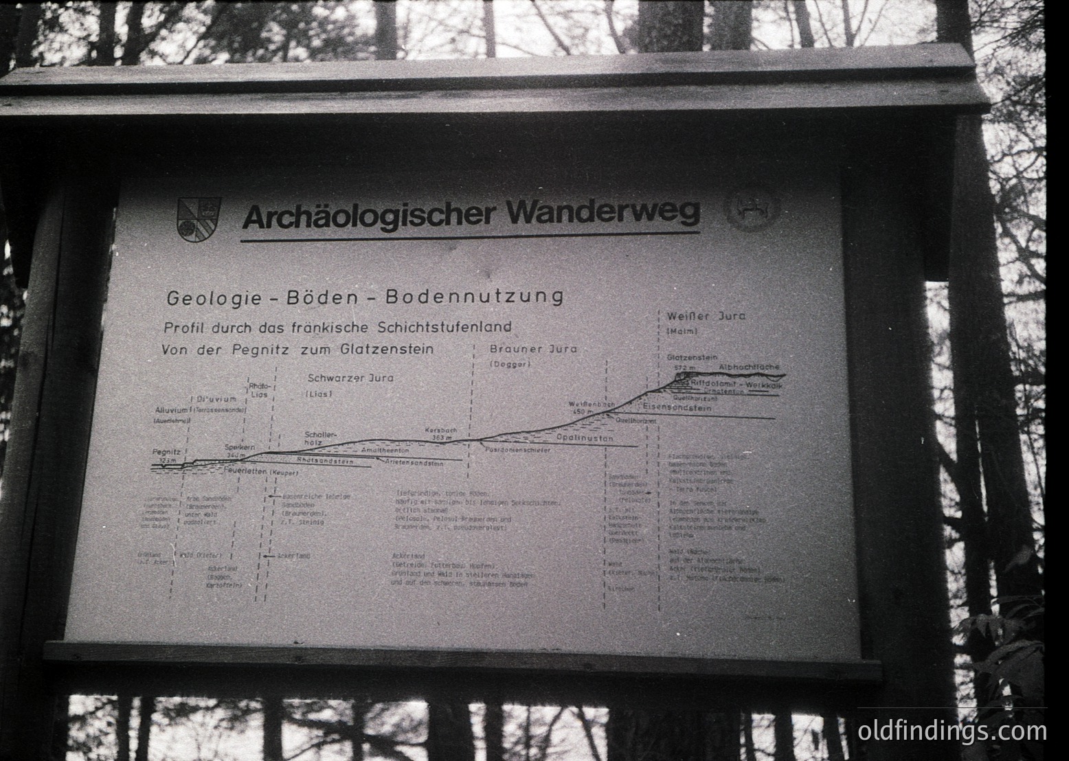 Black-and-white geological signboard titled *"Archäologischer Wanderweg"* detailing soil/bedrock layers from Pegnitz to Glatzenstein, Germany. Includes cross-section profiles, rock types (Jura), and usage notes. Mid-20th century educational outdoor exhibit.
