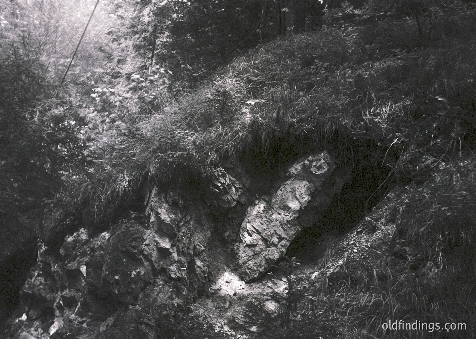 High-contrast black-and-white shot of weathered wooden cross embedded in rocky terrain, surrounded by sparse grass and forest undergrowth. Likely a rural or mountainous area. --- *Note: The time period is inferred from the grain and style of the photograph, which resembles mid-20th century photographic techniques.*