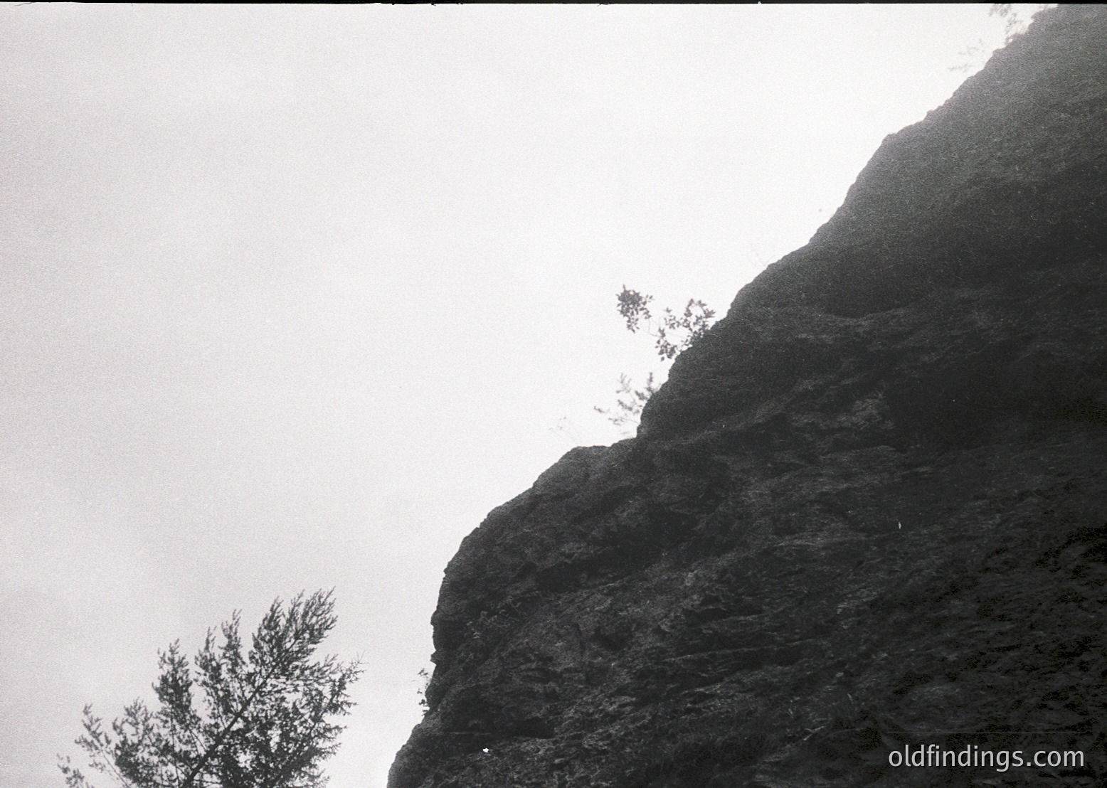 Black-and-white shot of rugged alpine rock face with sparse vegetation. Dramatic vertical lines emphasize scale and isolation. Fog or mist obscures upper terrain, adding mystery. Likely mid-20th century due to monochrome and composition style.