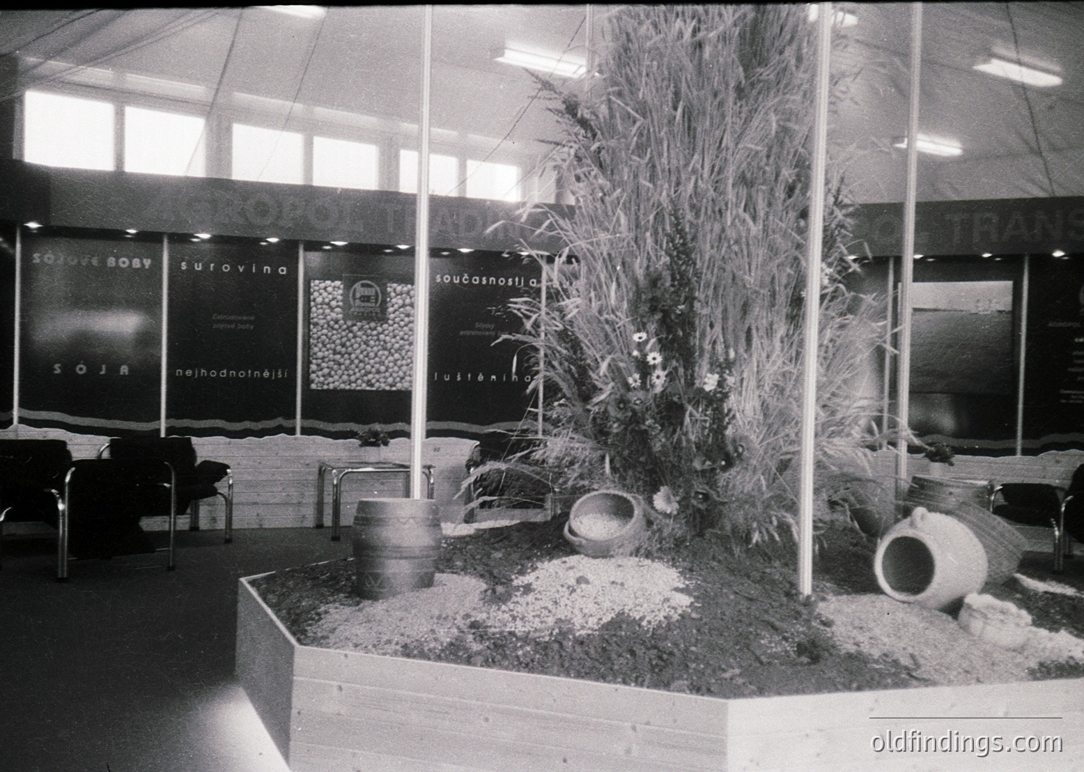 Indoor exhibition showcasing traditional pottery and agricultural tools arranged in a landscaped display. Wooden planters with wheat stalks and clay vessels (jugs, bowls) surrounded by gravel and soil. Backdrop banners in Cyrillic: "SOJA," "SUROVINA," "SOUČASNOSTI." Mid-century modern exhibition hall with high ceilings and fluorescent lighting. Likely –1970s Eastern Bloc trade fair or cultural exhibit.
