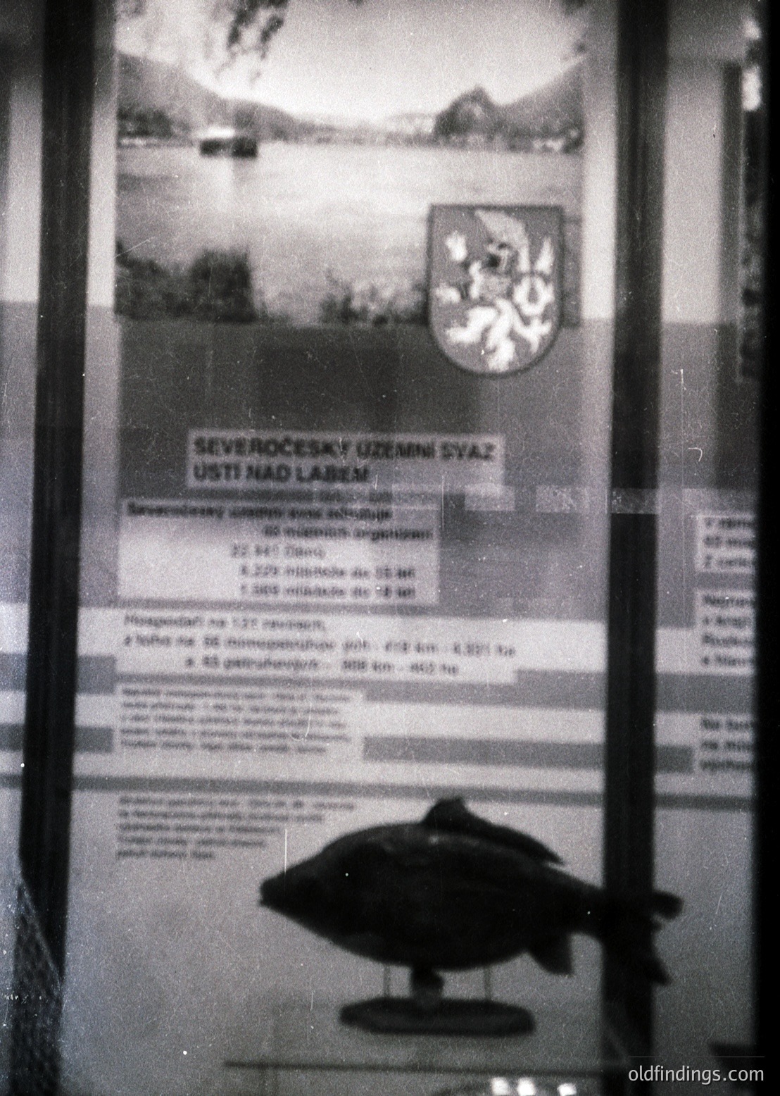 Vintage Czech railway poster from **Ústí nad Labem**, featuring a scenic alpine lake and mountain backdrop. Text in Czech highlights train routes, distances, and fares (e.g., 22.20 Kčs for 16 km). Coat of arms and bold typography reflect **1960s–1970s** Soviet-era design. Ideal for **historical transport, travel, or design archives**.