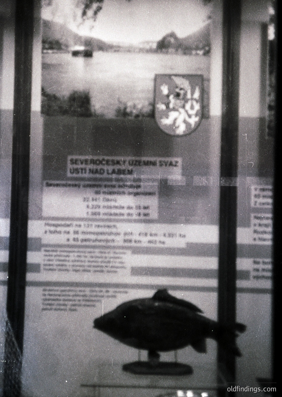 Vintage Czech railway informational board from **Ústí nad Labem**, featuring a scenic lake and mountainous backdrop. Text details train schedules, fares, and route distances (e.g., Prague, Dresden). Coat of arms and black-and-white photography evoke **1960s–1980s** Eastern Bloc design. Ideal for **historical transport, Cold War-era design, or Czech history** research. #ÚstíNadLabem