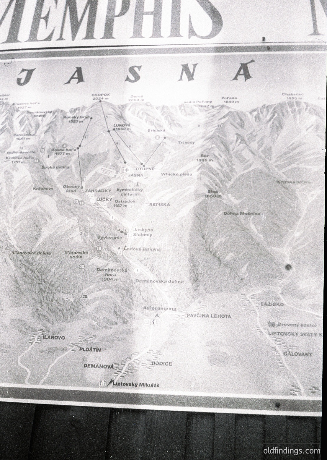 Vintage topographic map of **Jasná** (Slovakia), part of the **High Tatras**, showing hiking trails, elevations, and villages like **Demänová** and **Liptovský Mikuláš**. Relief lines and contour intervals highlight mountainous terrain. Likely from the **mid-20th century** (1950s–1970s) for map style and typography.