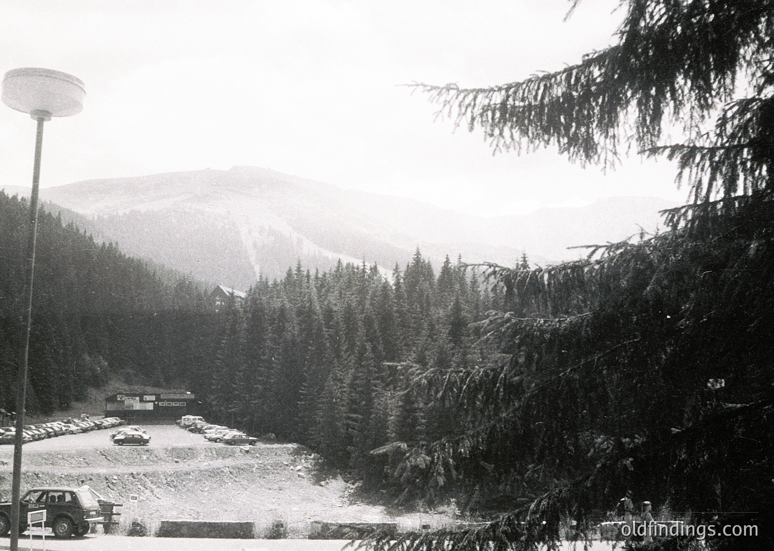 Black-and-white alpine scene featuring dense coniferous forest, snow-dusted ground, and parked cars in a lot. Streetlamp and distant mountain peaks frame the composition. Likely mid-20th century European ski resort.