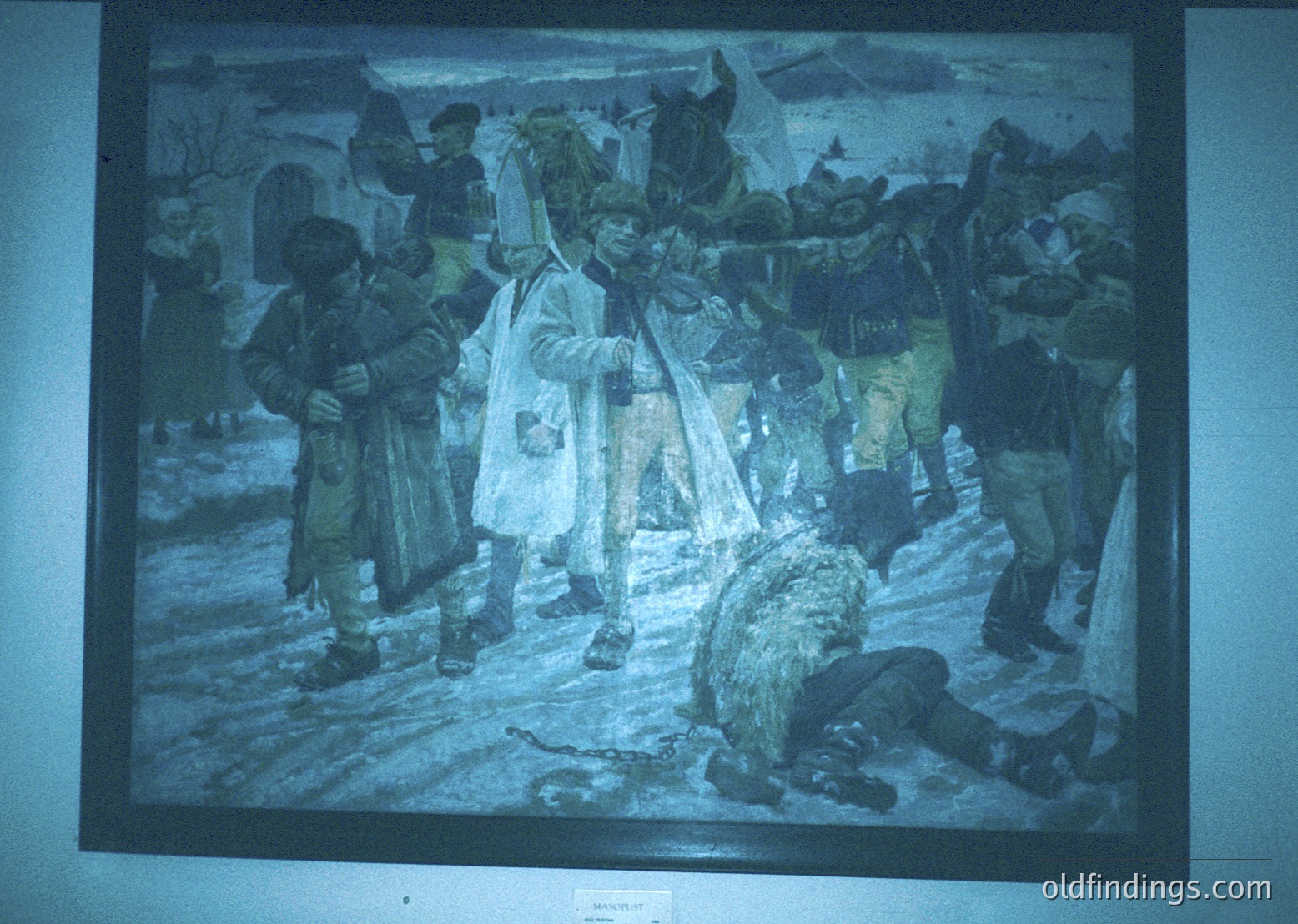 Historical painting depicting a winter scene with a central figure in white robes surrounded by armed men in traditional attire, likely Eastern European. Snow-covered ground and blurred background suggest a village or rural setting. Style and clothing hint at 19th-century folk or religious ritual. Ideal for historical research or cultural studies.