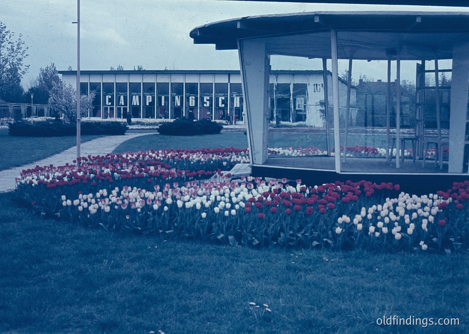 Vintage 1960s-70s camping resort entrance featuring geometric tulip beds in red, white, and blue. Modernist pavilion with glass walls and curved roof. Signage reads "CAMPINGOSCI" with mid-century concrete structures in background.
