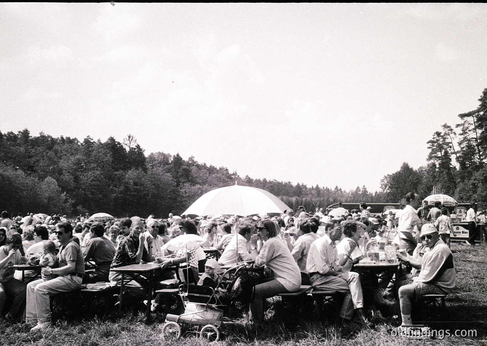 Black-and-white outdoor gathering in a wooded area, likely mid-20th century. Crowded picnic scene with groups seated on benches, sharing food and drinks under large umbrellas. Vintage cars and a small trailer parked nearby. Forest backdrop suggests a rural or park setting.