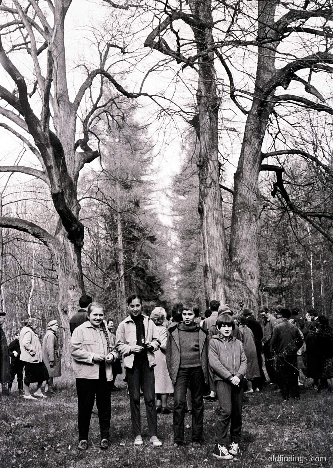 Group of 10+ individuals posing in a wooded forest clearing, likely 1970s–1980s based on clothing (sweaters, jackets, sneakers). Central figures in jackets and scarves; background shows blurred forest and people.