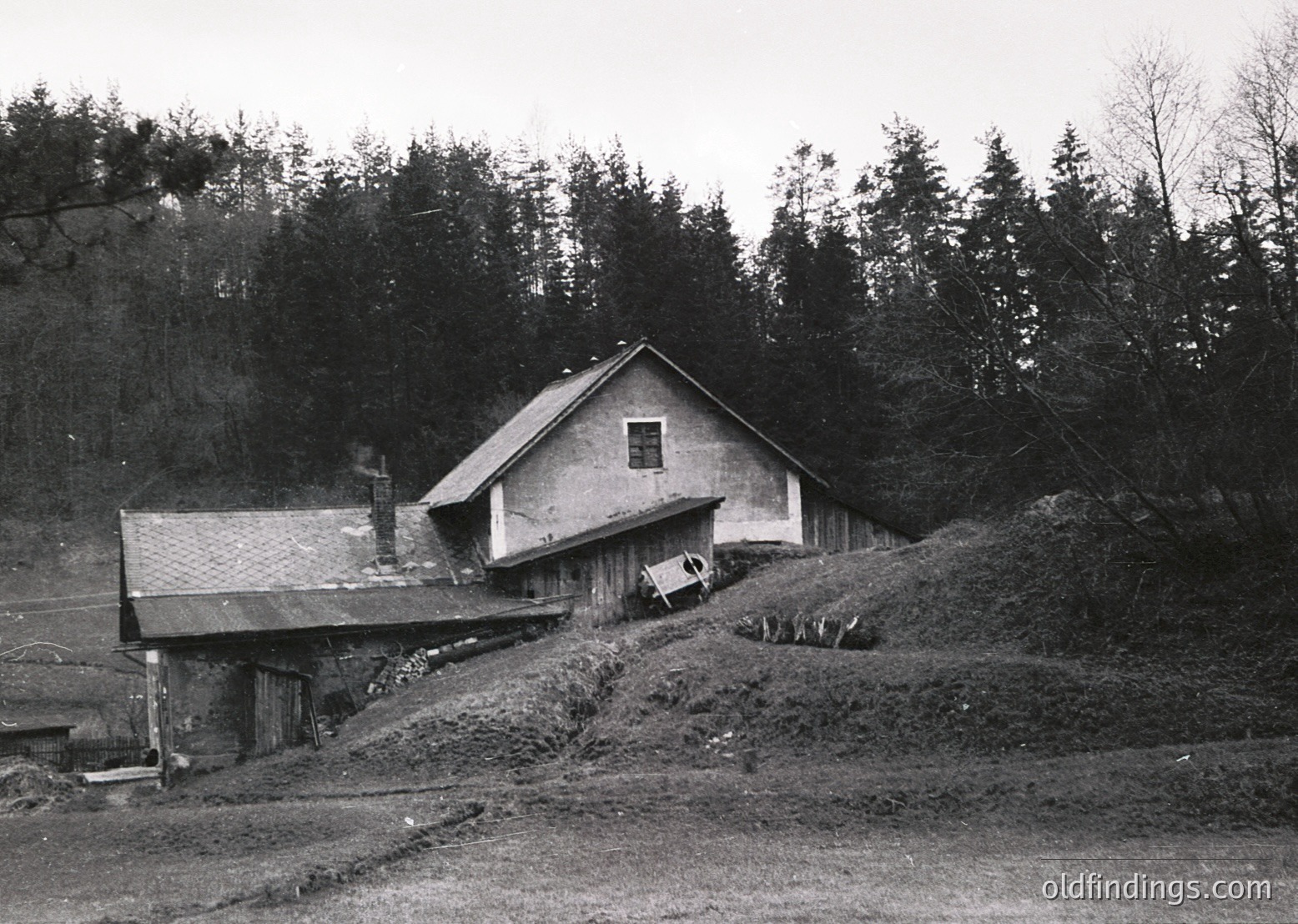 Rustic single-story farmhouse with pitched roof and attached barn, set on a sloped, forested hillside. Stone foundation and wooden exterior suggest mid-20th century rural architecture. Overgrown vegetation and weathered surfaces indicate abandonment or minimal maintenance.