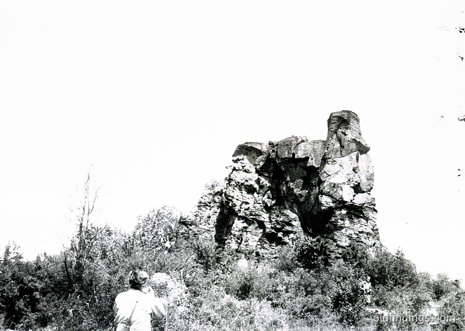 Black-and-white photograph of a lone figure examining a large, weathered rock formation resembling a seated figure or throne. Dense shrubbery surrounds the base, while the sky appears clear. Likely mid-20th century due to monochrome and composition style. Ideal for historical or geological research.