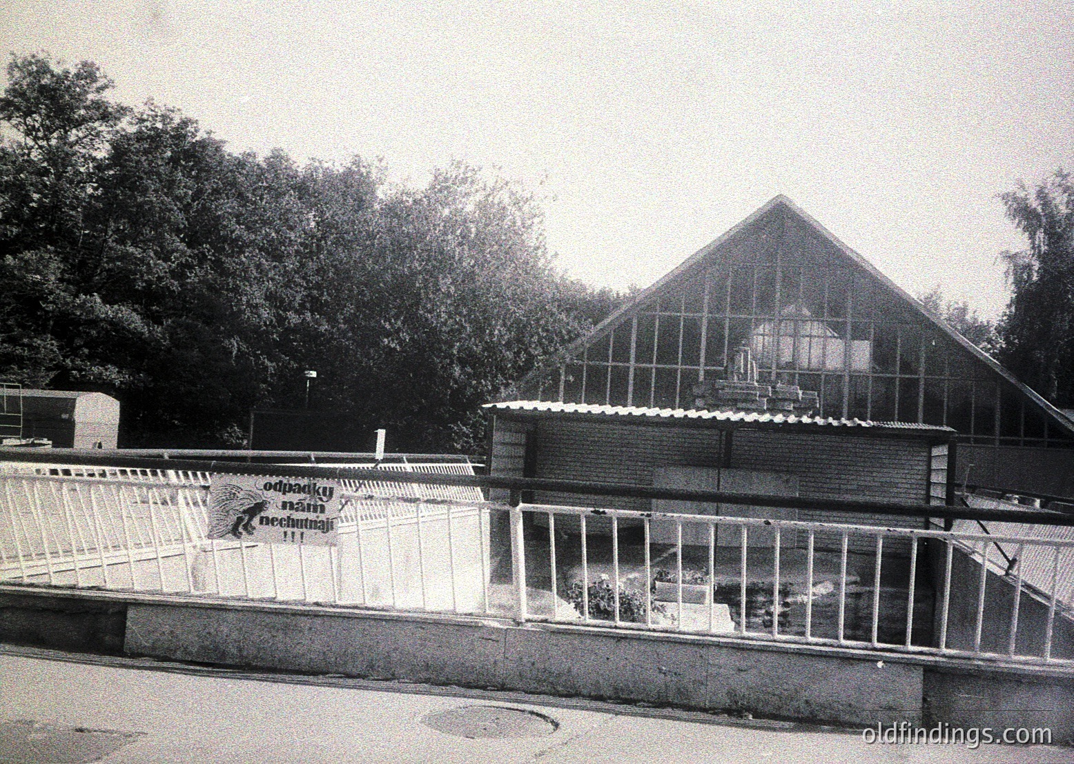 Vintage black-and-white photo of a greenhouse complex with a triangular glass roof and brick walls, likely from the 1960s–70s. Prominent signage in Cyrillic reads "ОПЪКНИ ПАРНИК" (Bulgarian for "Greenhouse"). Metal railing and concrete barriers frame the entrance. Overcast sky and dense foliage in background suggest a rural or suburban setting.