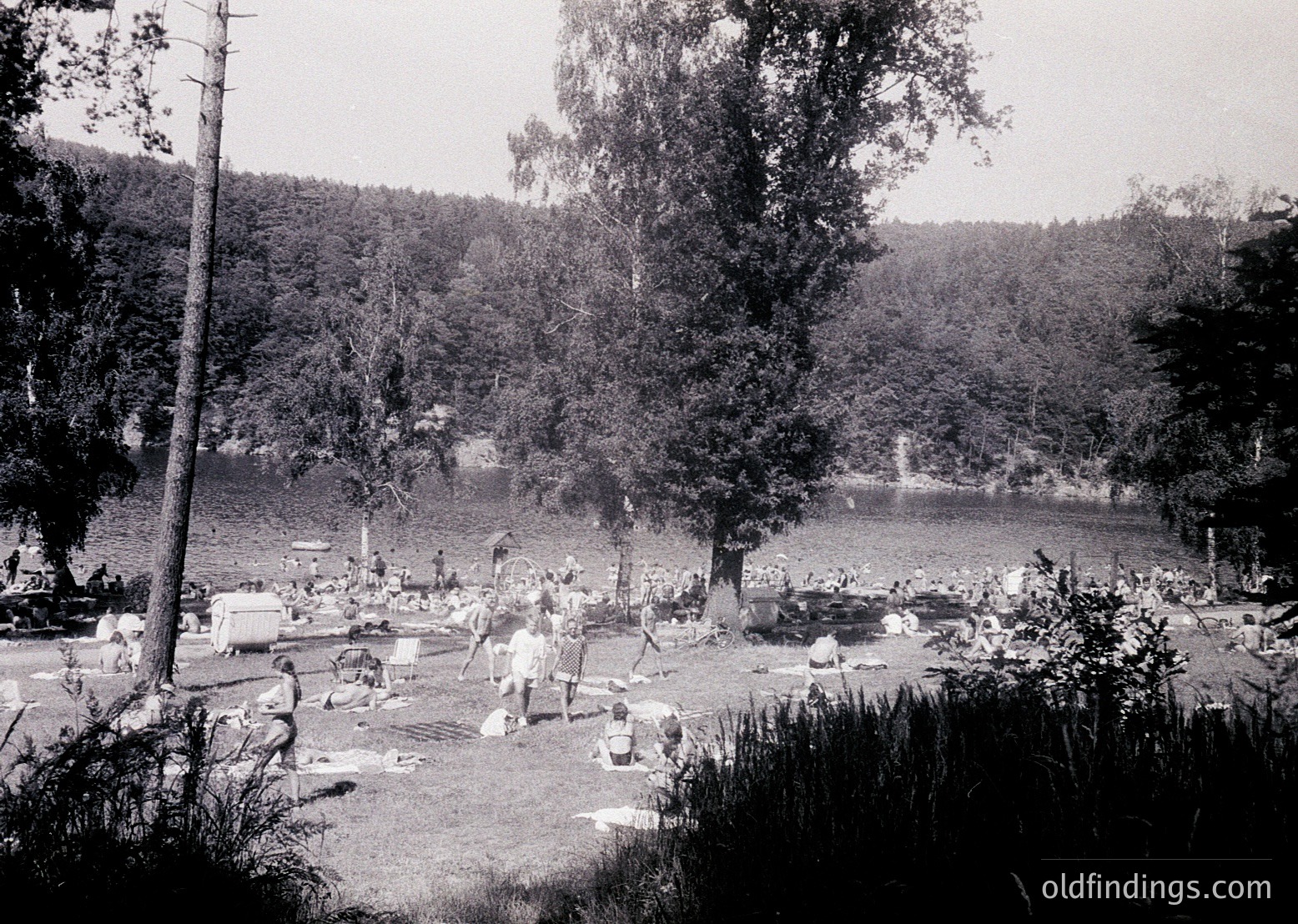 Mid-20th century lakeside gathering with wooden deck chairs, blankets, and picnic setups. Dense forest and waterfront scene suggests a recreational park or resort. Clothing and hairstyles indicate or era. Ideal for vintage tourism or historical research on leisure activities.