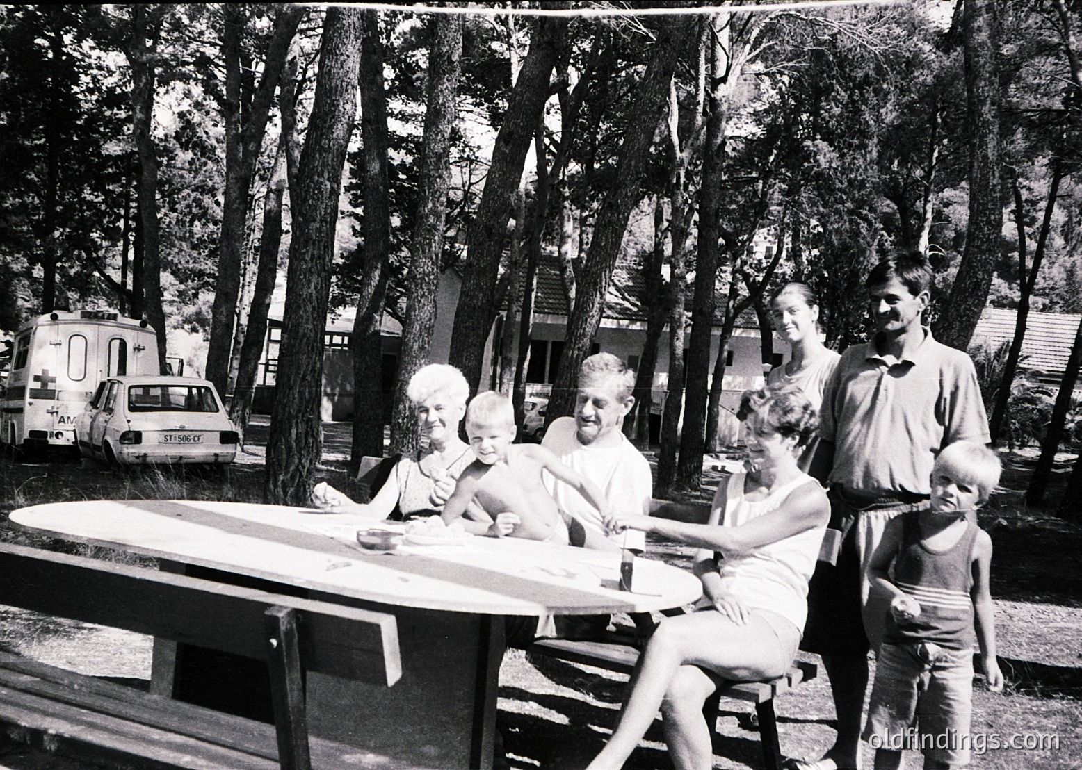 Family picnic in a wooded campsite, 1960s-70s. Six individuals seated/standing around a picnic table under tall trees; vintage camper van and classic car in background. Casual summer attire reflects mid-century outdoor recreation.