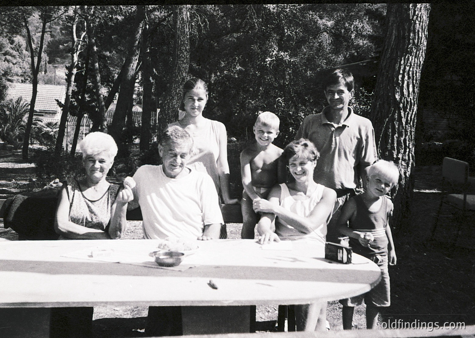 Family portrait in outdoor setting, likely mid-20th century. Six adults and three children pose around a picnic table under large trees, suggesting a summer gathering. Clothing styles (shorts, dresses, neckties) and black-and-white tone indicate or . Natural light and greenery hint at a rural or suburban backyard.