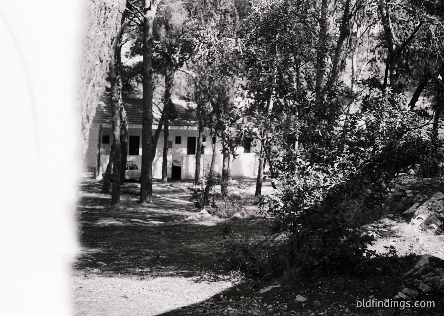 Vintage black-and-white shot of a two-story building partially obscured by dense foliage, likely a 19th-century European estate or country home. Stone pathway and overgrown trees frame the structure, hinting at rural isolation. Architectural details include a gabled roof and symmetrical windows.