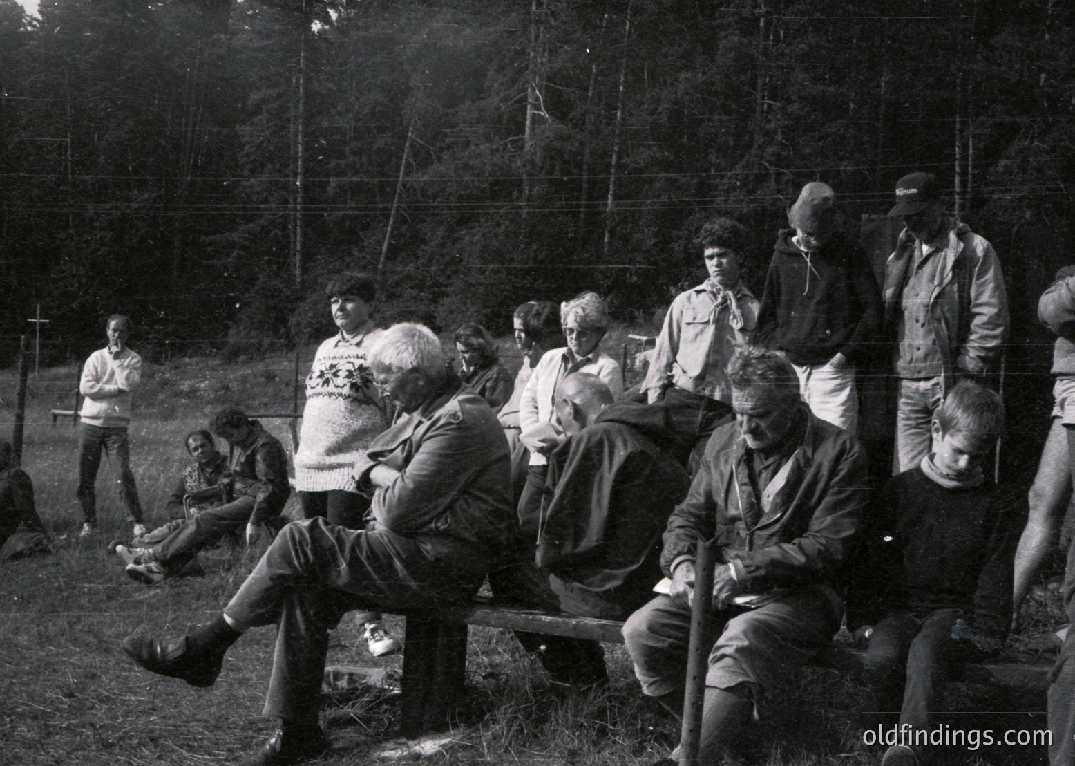 Group of 15+ individuals seated on wooden benches in a forested clearing, 1960s–1970s. Casual attire suggests a social gathering or outdoor event. Dense trees and natural lighting indicate a rural or park setting.