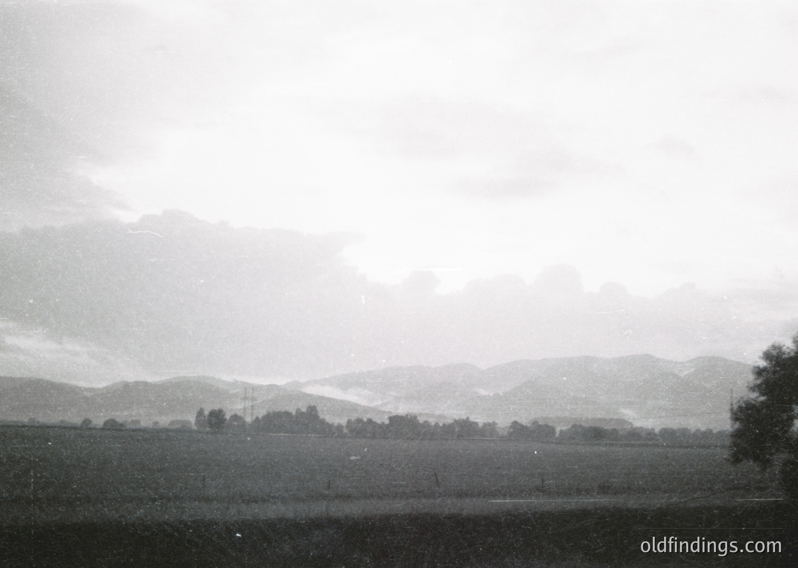 Vintage black-and-white landscape featuring rolling hills and sparse vegetation under overcast skies. Low-contrast monochrome captures misty, atmospheric conditions. Likely early-to-mid 20th century due to photographic style.