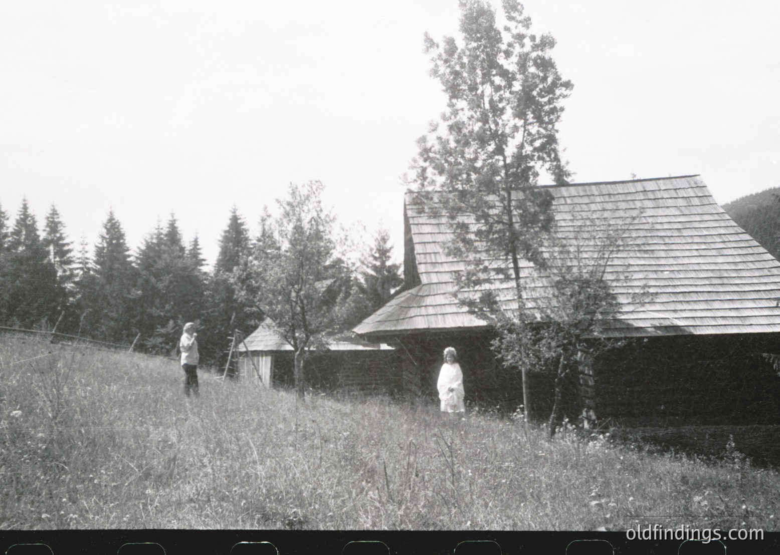 Black-and-white rural scene featuring a wooden house with shingled roof and stone foundation, surrounded by dense forest. Two figures—one standing near a small shed, the other walking toward the house—highlight traditional attire and agricultural setting. Likely Eastern European countryside, mid-20th century.