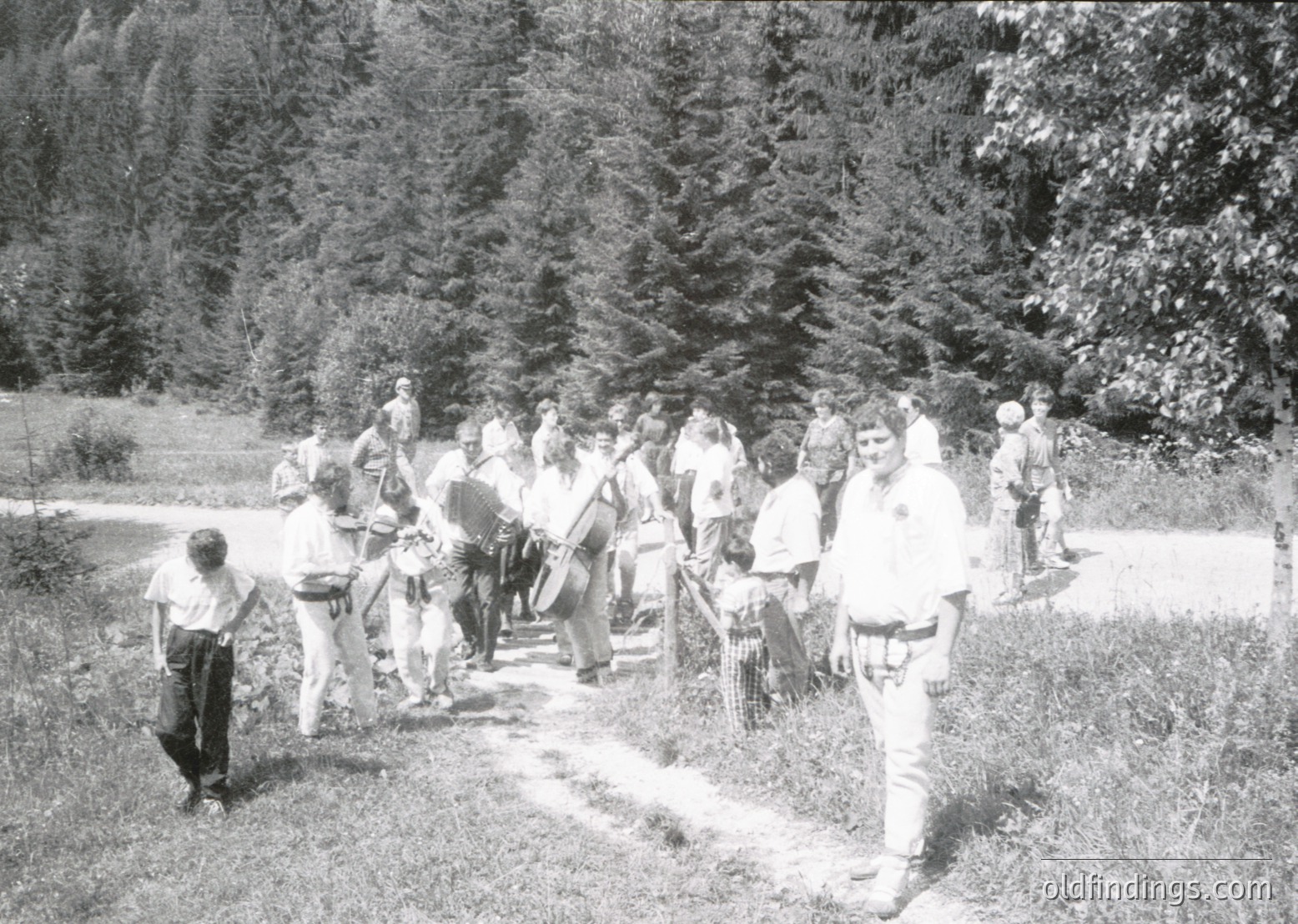 Group of hikers in alpine forest, mid-20th century. Casual attire suggests leisurely outdoor activity, likely a guided trek. Dense coniferous trees frame the scene, indicating mountainous terrain.