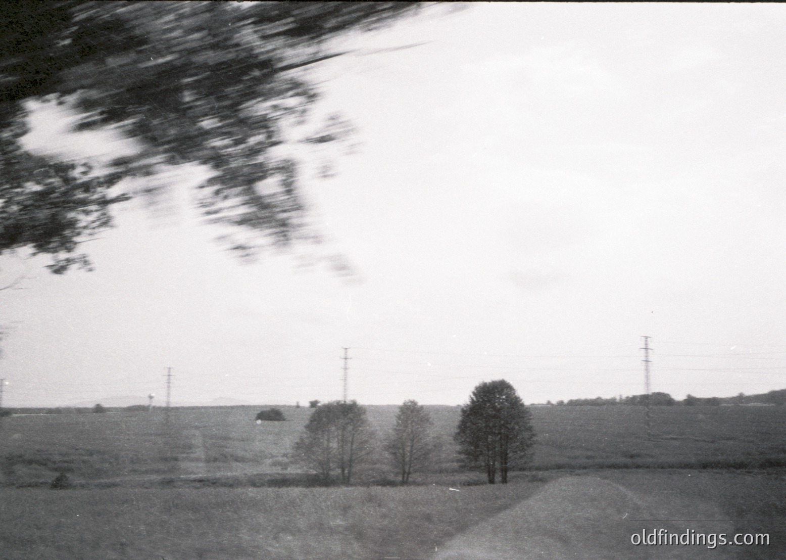 Mid-20th century rural landscape with motion blur from moving vehicle. Open fields, sparse trees, and utility poles dominate the scene. Overcast sky and blurred foreground suggest dynamic travel. Ideal for vintage travel or historical research.