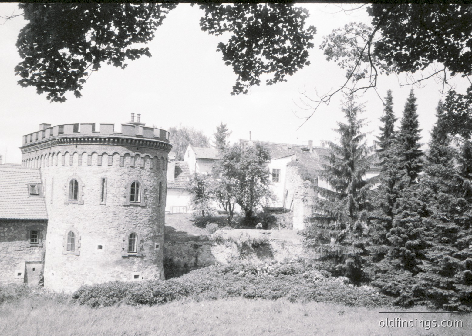 Historic stone tower with crenellated parapet and arched windows, likely 19th-century European architecture. Surrounded by dense greenery and mature trees, blending with residential buildings in the background.