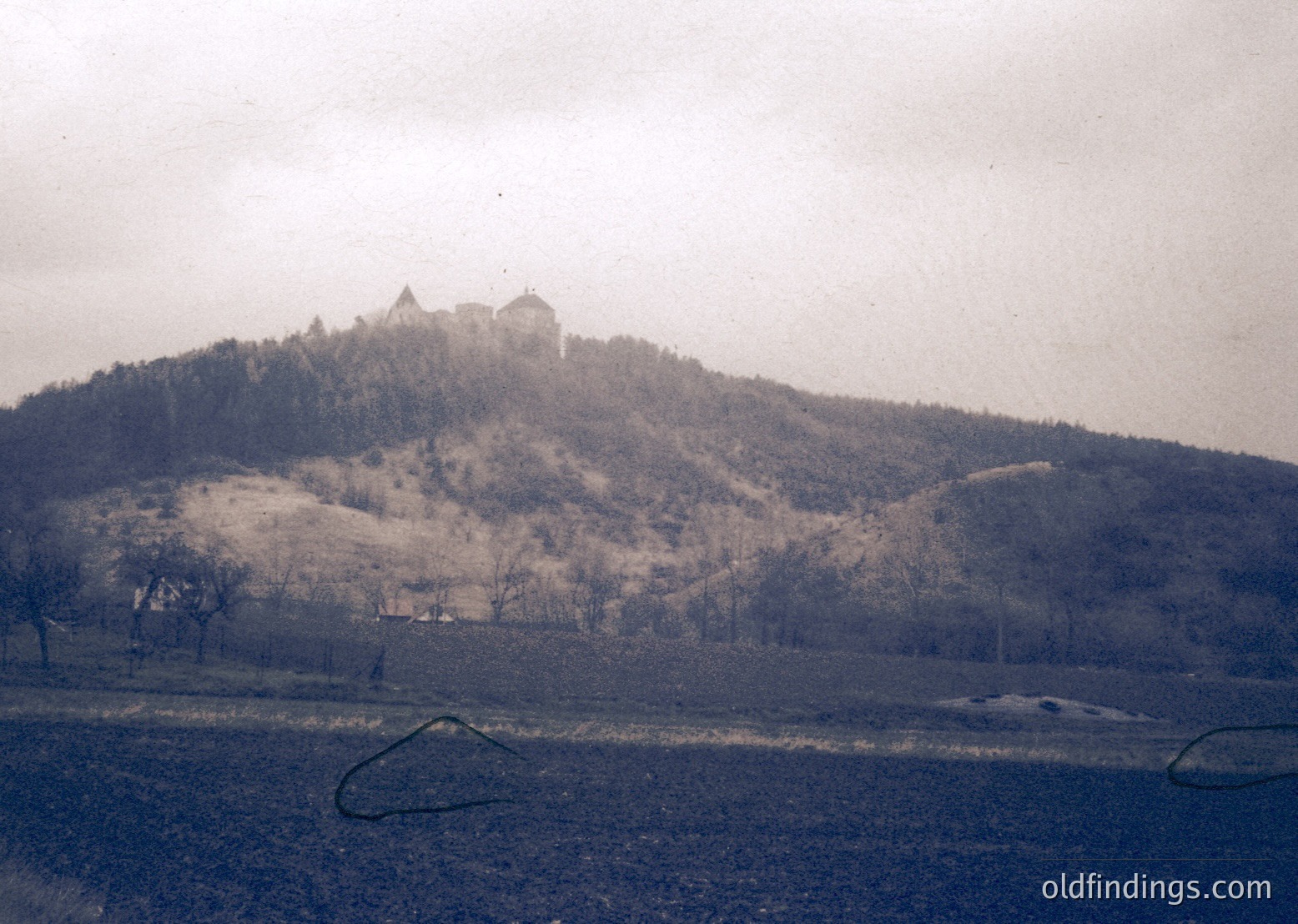 Vintage sepia-toned photo of a medieval hilltop fortress with cylindrical towers atop a forested ridge. Overgrown landscape and sparse farmland in foreground. Likely Eastern European, 19th–early 20th century.