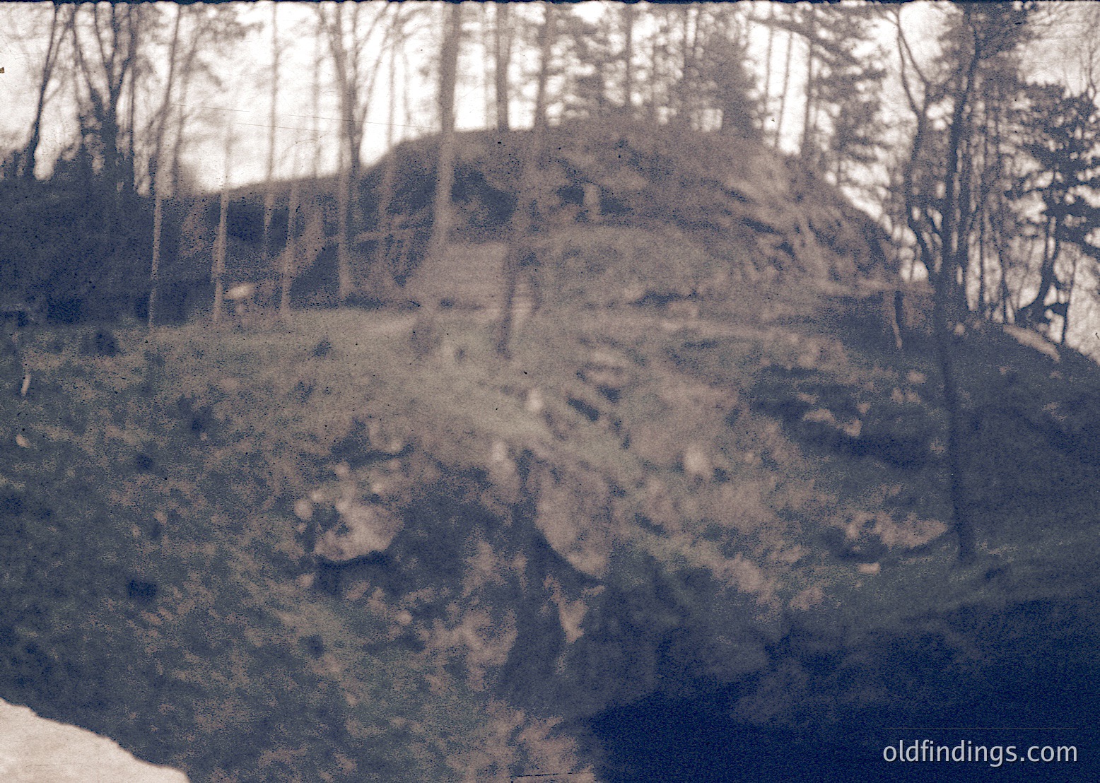 Vintage sepia-toned photo of rugged, eroded rock formations with sparse vegetation. Likely early 20th-century landscape photography, emphasizing natural textures and weathering.