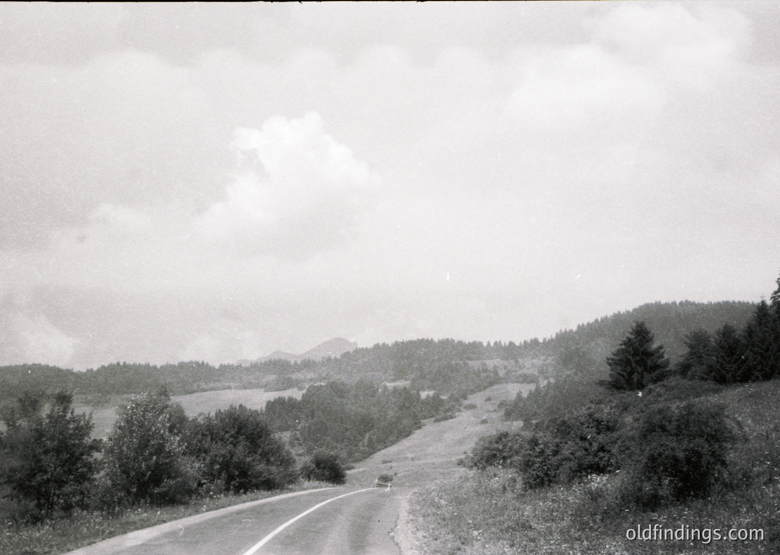 Black-and-white rural road winding through forested hills, likely mid-20th century. Single vintage car on a two-lane asphalt road, surrounded by dense pine trees and rolling terrain. Overcast sky enhances moody, timeless atmosphere.