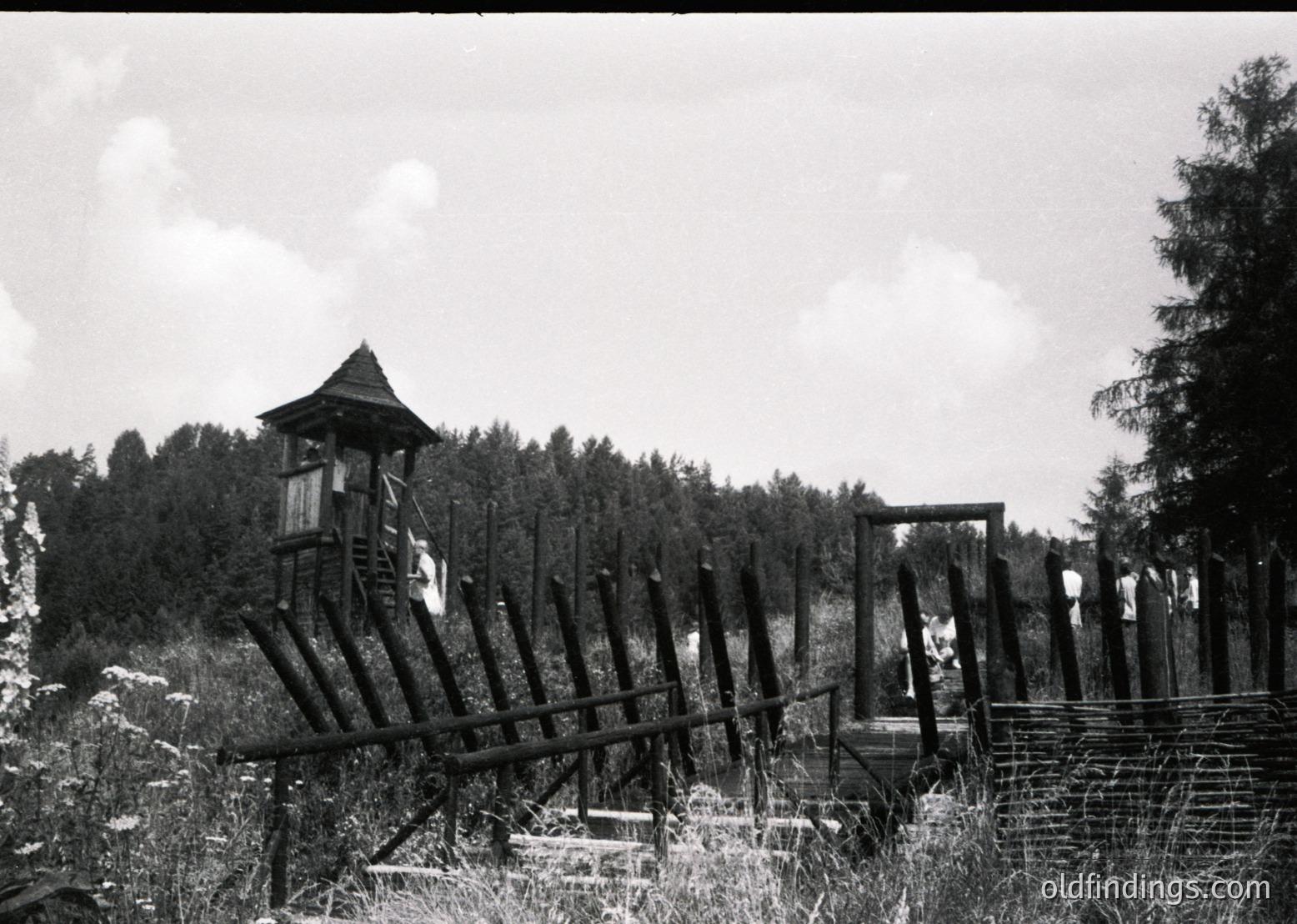 Rustic wooden watchtower with barbed-wire perimeter in dense forest, likely a Cold War-era border outpost. Overgrown vegetation and abandoned structures suggest disuse. Black-and-white, high-contrast vintage photography (, ). Potential historical research or stock imagery for military/geopolitical studies.