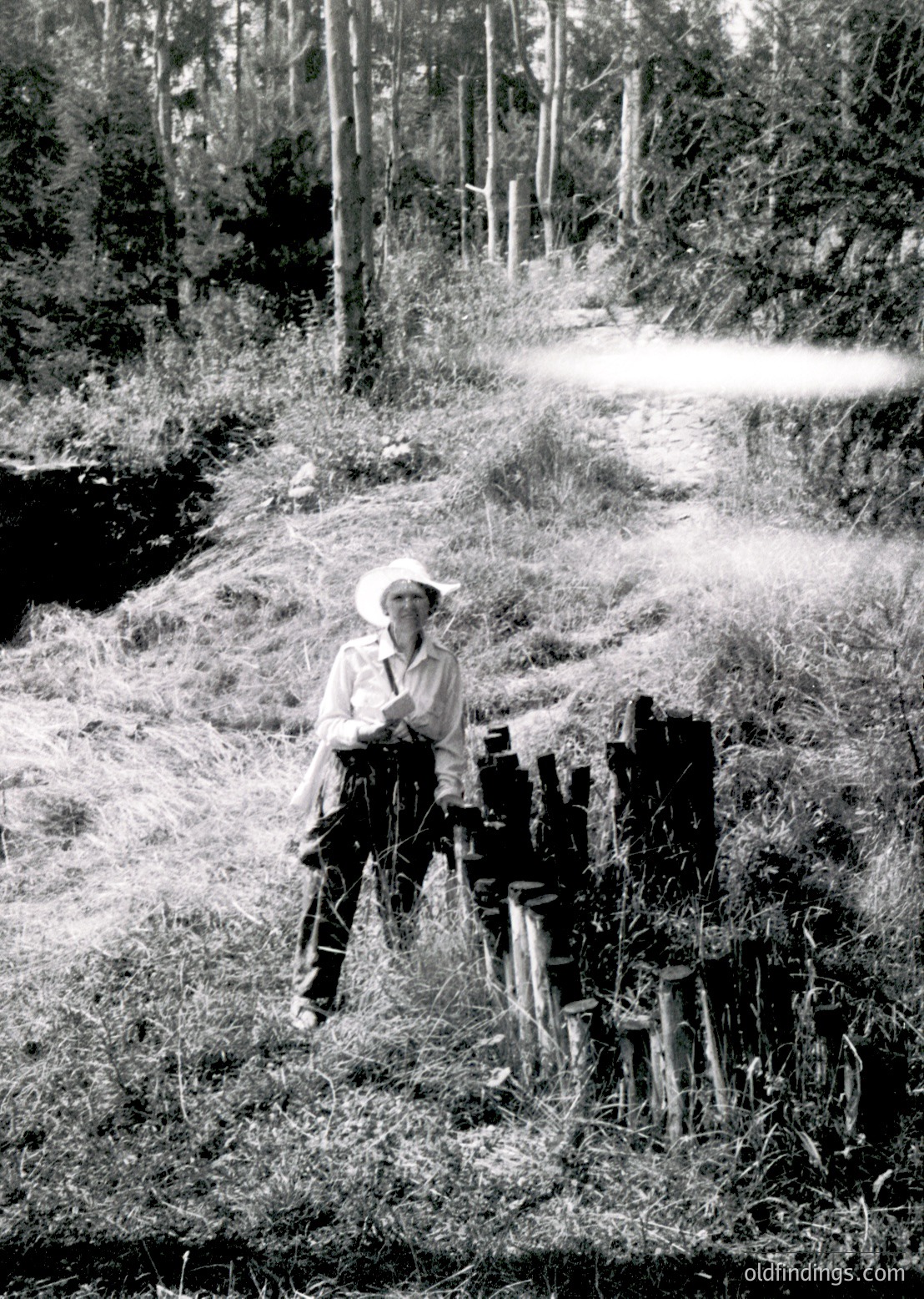 Mid-20th century farmer in rural landscape, seated on wooden fence posts. Dressed in wide-brimmed hat, long-sleeve shirt, and suspenders. Dry, grassy hillside with tall pine trees in background. Black-and-white photo suggests agricultural life.