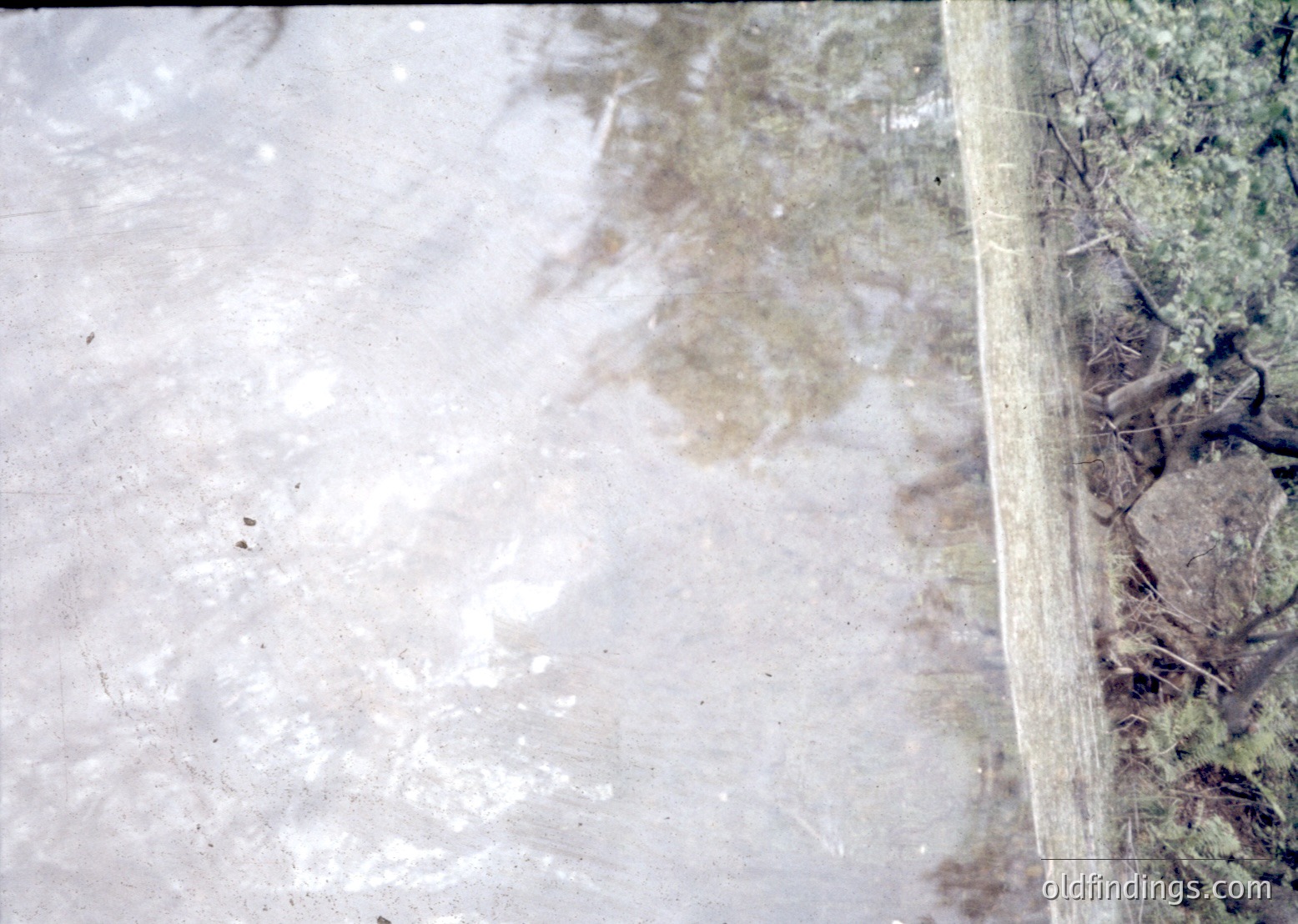 Aerial view of a divided landscape: concrete or paved surface on left, likely a road or parking area, meets a grassy/vegetated right side with sparse trees. The boundary line suggests urban planning or infrastructure development. Potential agricultural or suburban zone.