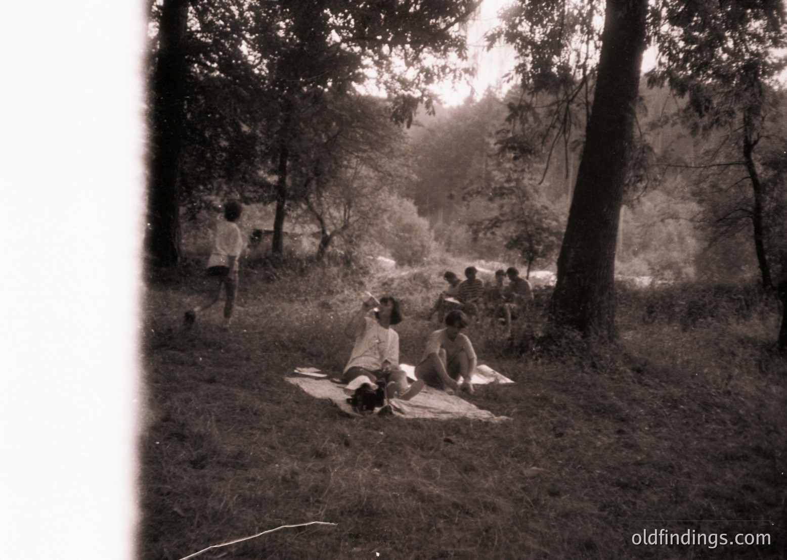 Vintage sepia-toned outdoor scene featuring a group of people lounging on a blanket in a wooded area, likely mid-20th century. Two central figures sit close together, while others stand or sit in the background. Dense foliage and trees frame the composition, suggesting a picnic or leisure gathering.