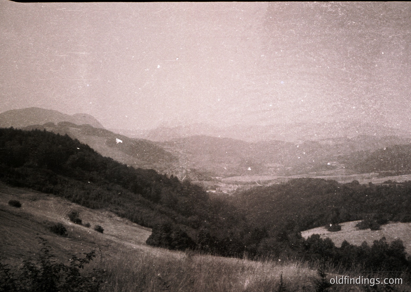Vintage black-and-white landscape showing rolling hills, dense forests, and a distant valley town. The grainy texture and sepia tone suggest early 20th-century photography. Low-angle perspective captures expansive natural scenery.