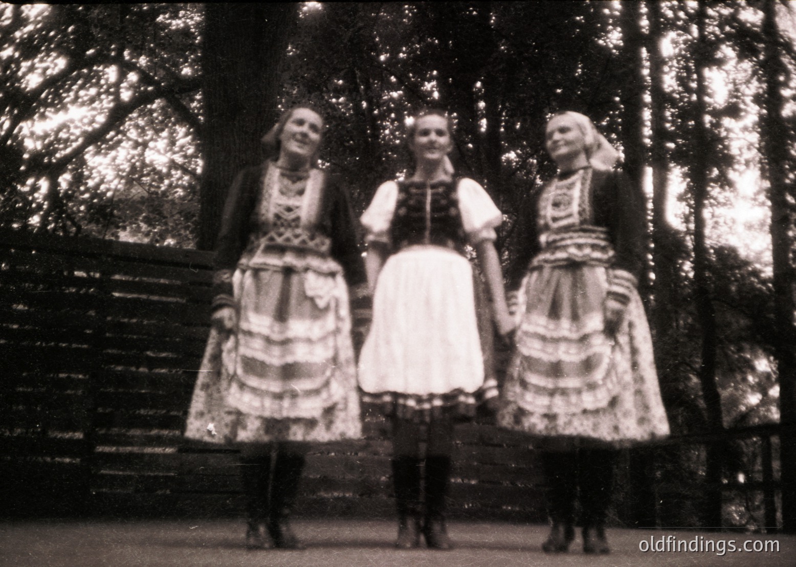 Three women in traditional folk attire pose outdoors, likely Eastern European (1950s–1960s). Intricate embroidered aprons and blouses with lace details suggest cultural heritage. Wooden fence and forest backdrop indicate rural or park setting.