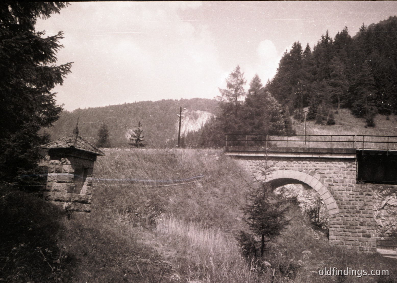 Vintage black-and-white photo of a rural stone bridge and pathway flanked by dense forest. Mid-20th century construction with arched supports and metal railings. Overgrown grass and utility poles suggest abandonment or minimal maintenance.