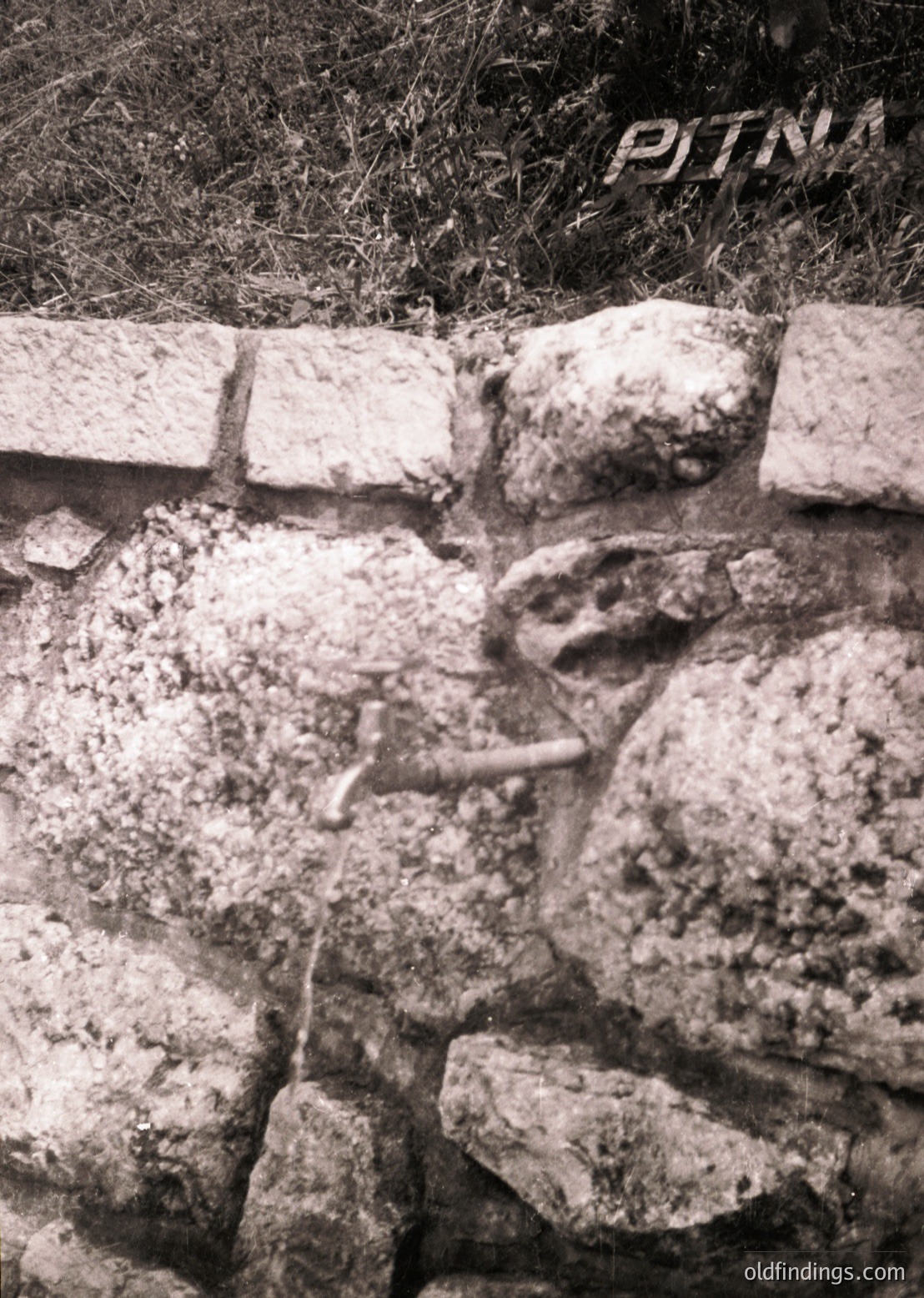 Close-up of weathered stone wall with rough-hewn blocks and visible mortar erosion. Overgrown grass and blurred text ("PITNA") in top right corner. Likely Eastern European industrial or agricultural site.