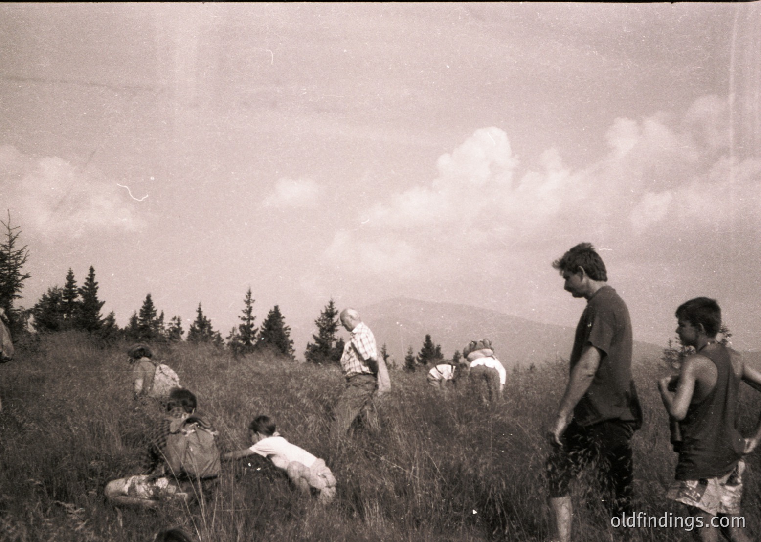 Vintage black-and-white group hike on grassy hillside with forested slopes and distant mountains. Casual summer attire suggests 1960s–1970s era.