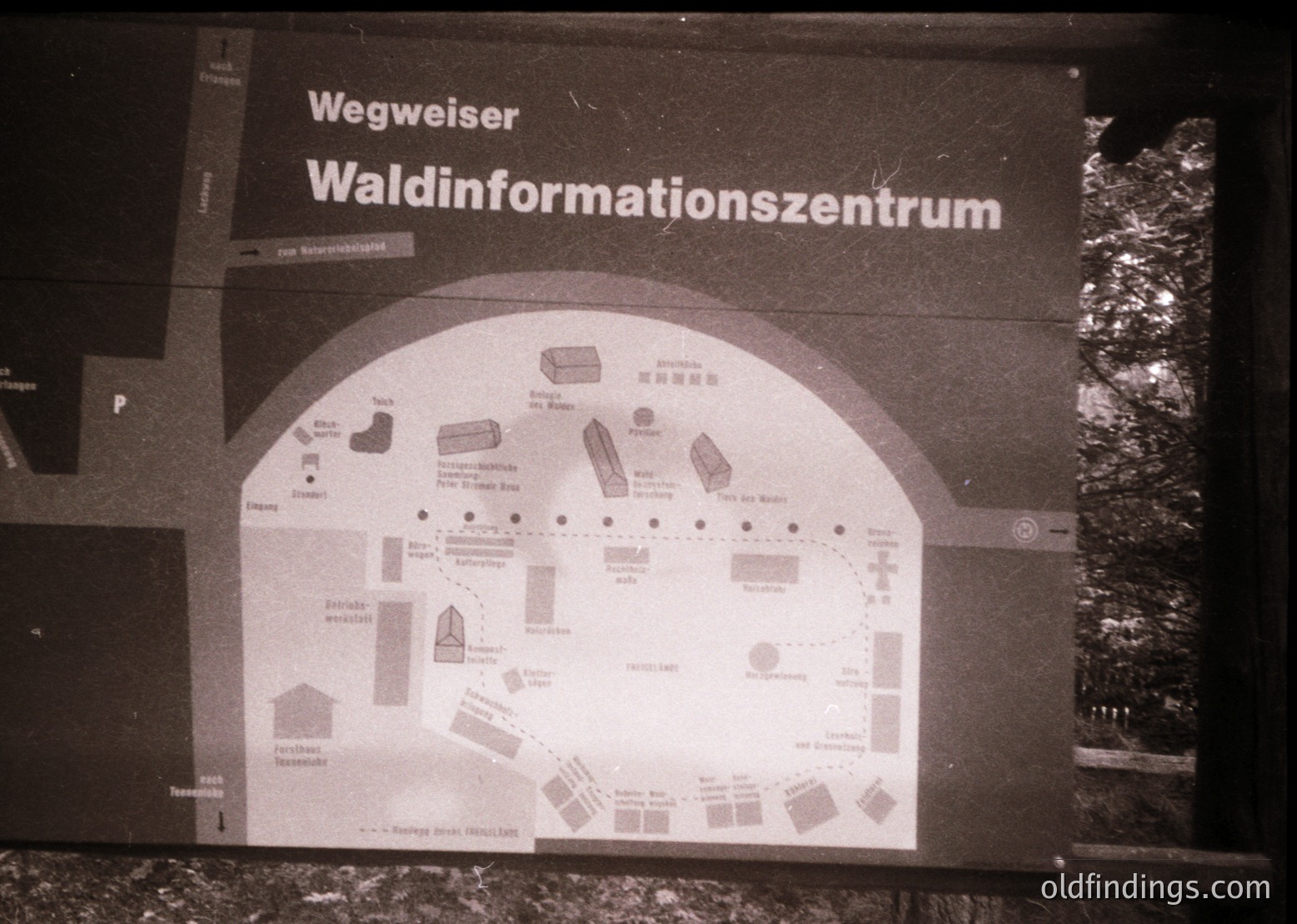 Vintage black-and-white map sign for the "Waldinformationszentrum" (Forest Information Center) in Germany, dated 1980s. Features detailed forest trail layout with icons for hiking, rest areas, and landmarks. Handwritten notes and faded text suggest frequent use.