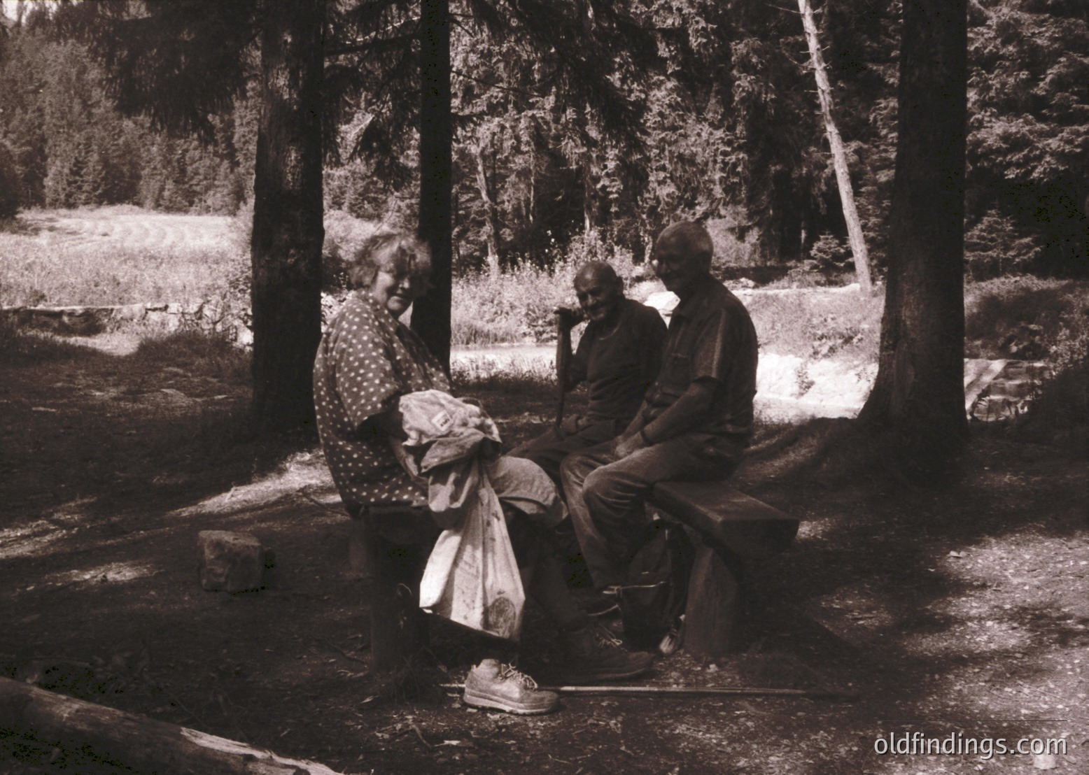 Three individuals seated on a stone bench in a forested area, mid-20th century. The woman wears a patterned blouse and light-colored skirt; the men in dark jackets and trousers. Lush greenery and a stream in background.