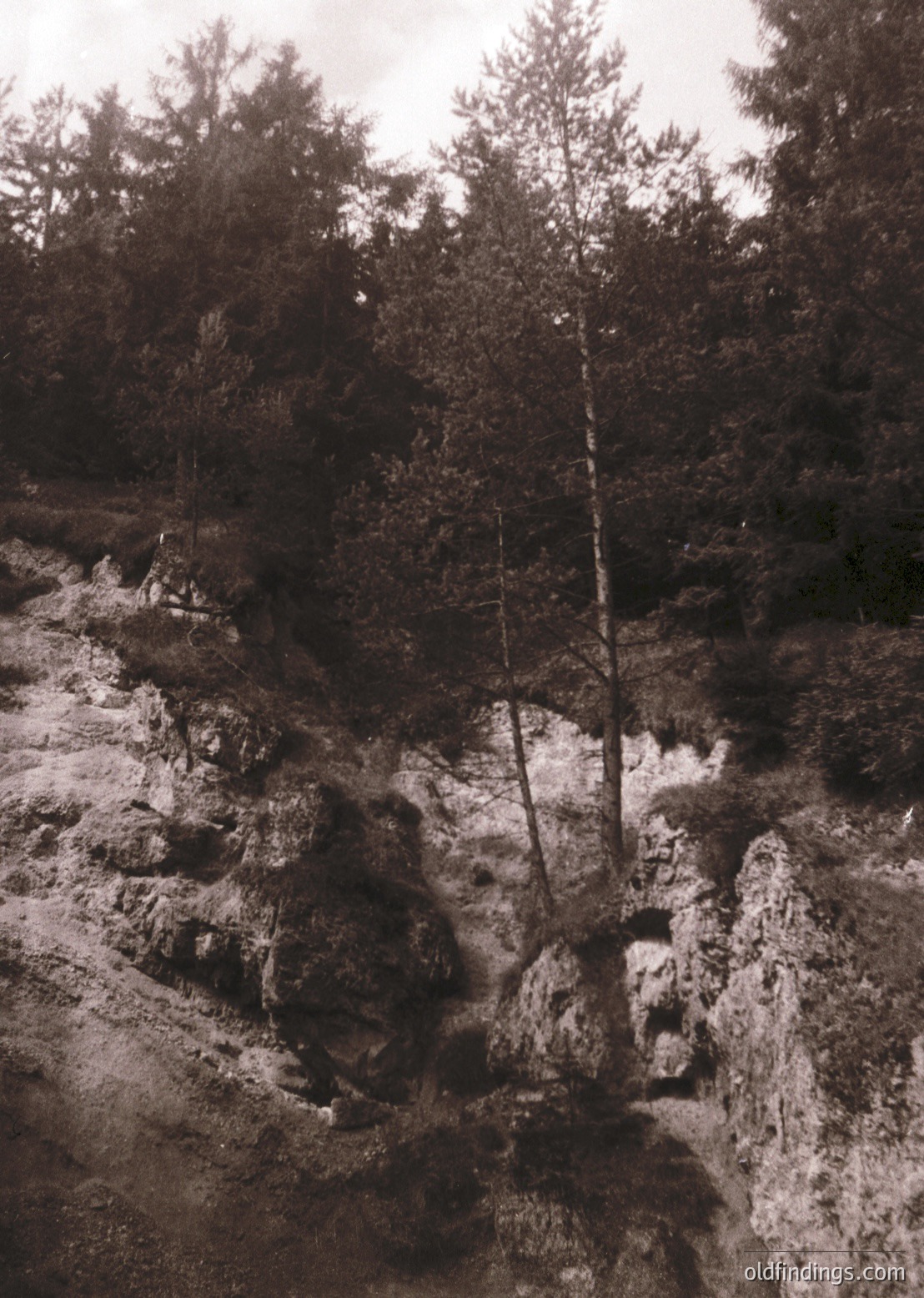 Black-and-white landscape of rugged terrain with sparse vegetation. A narrow, winding dirt path cuts through rocky outcrops and dense pine forest. The scene suggests a remote, natural setting, possibly a hiking trail or abandoned road. The sepia tone indicates vintage or historical photography, likely mid-20th century.