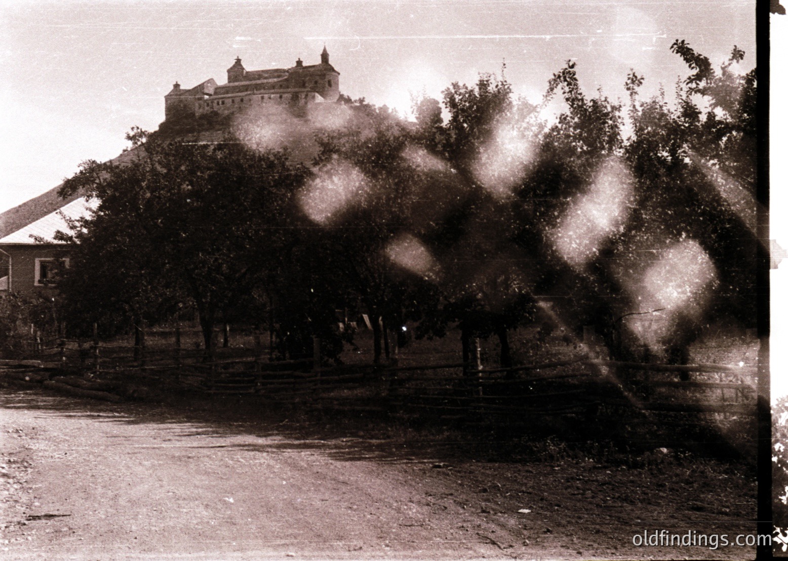 Historic black-and-white photo of a fortified hilltop castle surrounded by dense foliage, likely from the 19th–early 20th century. Stone walls, towers, and arched windows dominate the structure, blending into the natural landscape. The road below suggests accessibility via carriage or foot.