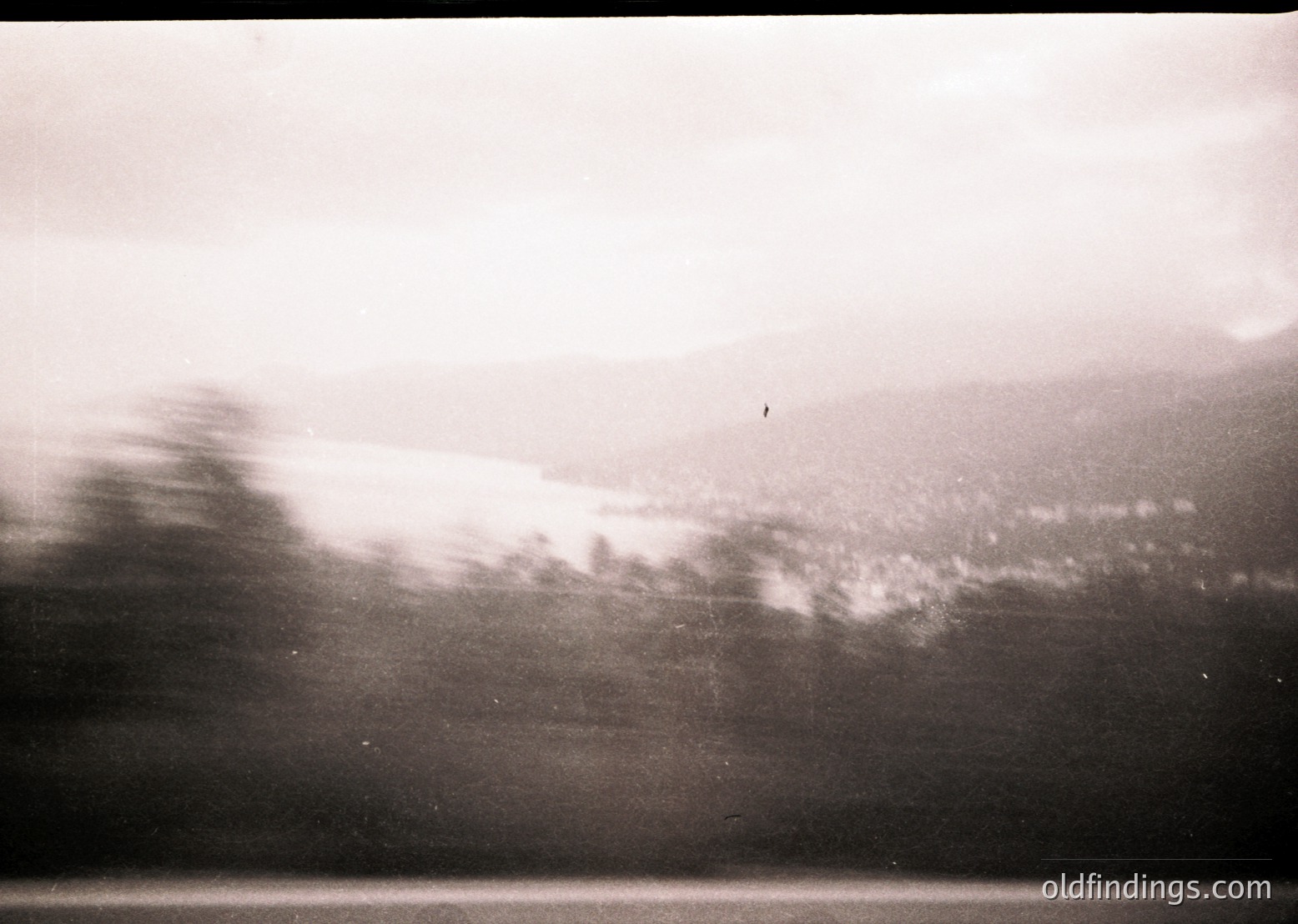 Vintage monochrome shot of motion blur from a moving vehicle, likely a train or bus, capturing a blurred landscape. Distinctive motion lines suggest speed through a rural or semi-urban area with faint outlines of trees, fields, and distant structures.