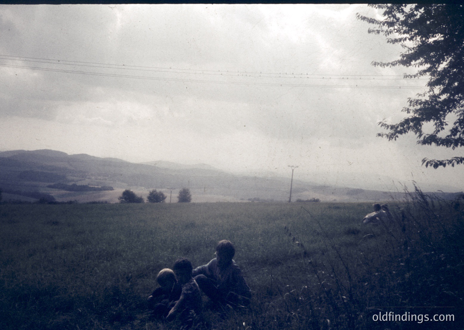 Vintage black-and-white rural landscape featuring three seated figures in grassy field. Rolling hills and power lines stretch into hazy horizon. Mid-20th century agricultural setting, likely Eastern Europe.