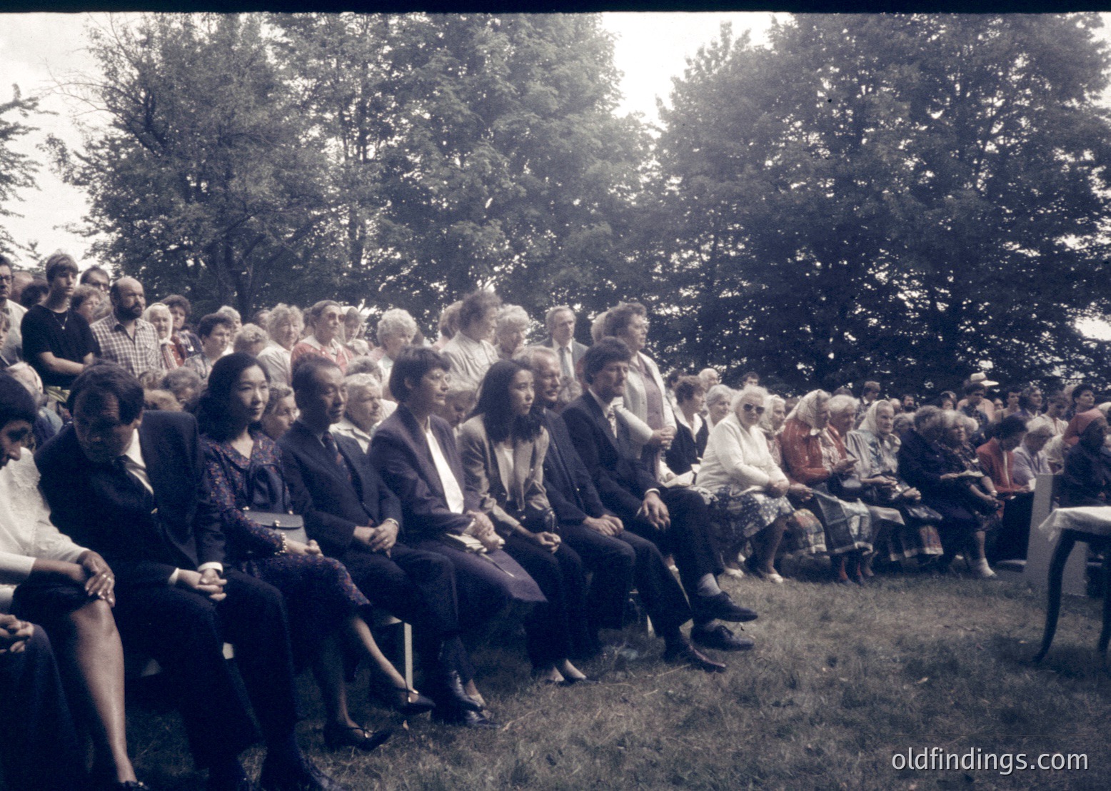 A vintage outdoor gathering of elderly individuals seated in a grassy area under trees, likely mid-20th century. Attire suggests formal or semi-formal event—men in suits, women in dresses. Seating includes plastic chairs and benches. Crowded, attentive audience facing an unseen stage or speaker.
