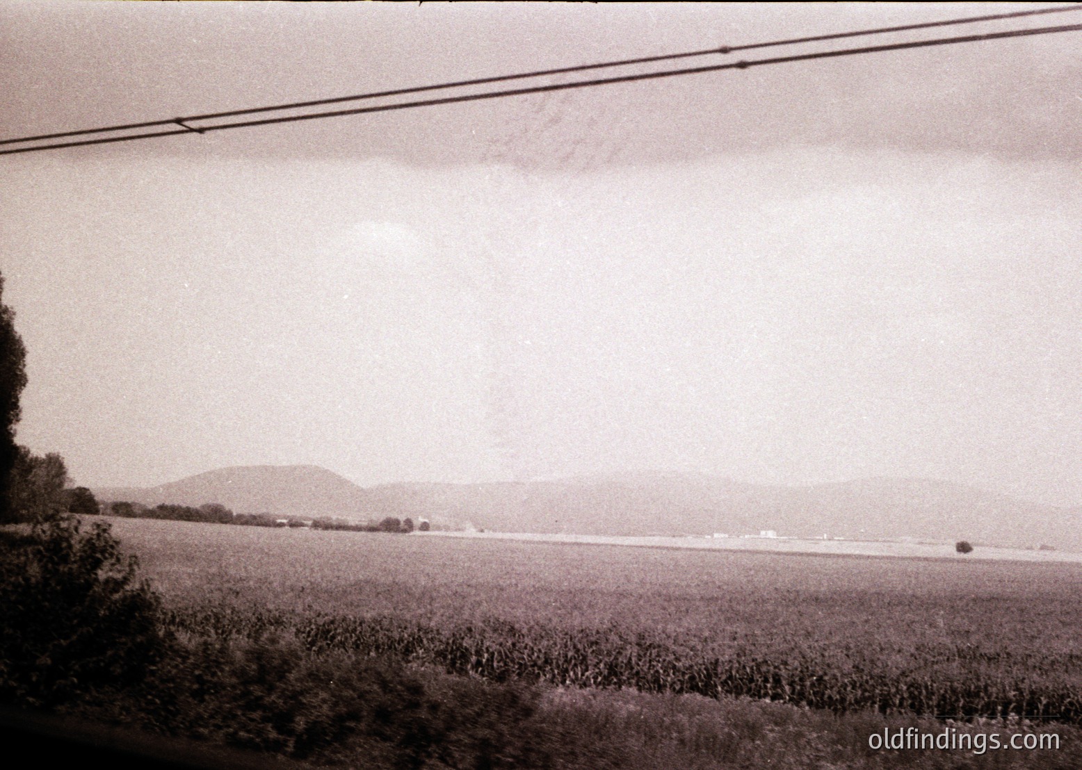 Black-and-white rural landscape featuring low-lying hills under overcast skies. Foreground shows dense cornfield with power lines cutting horizontally. Midground reveals scattered farm buildings and fields. Likely Eastern European countryside, mid-20th century.