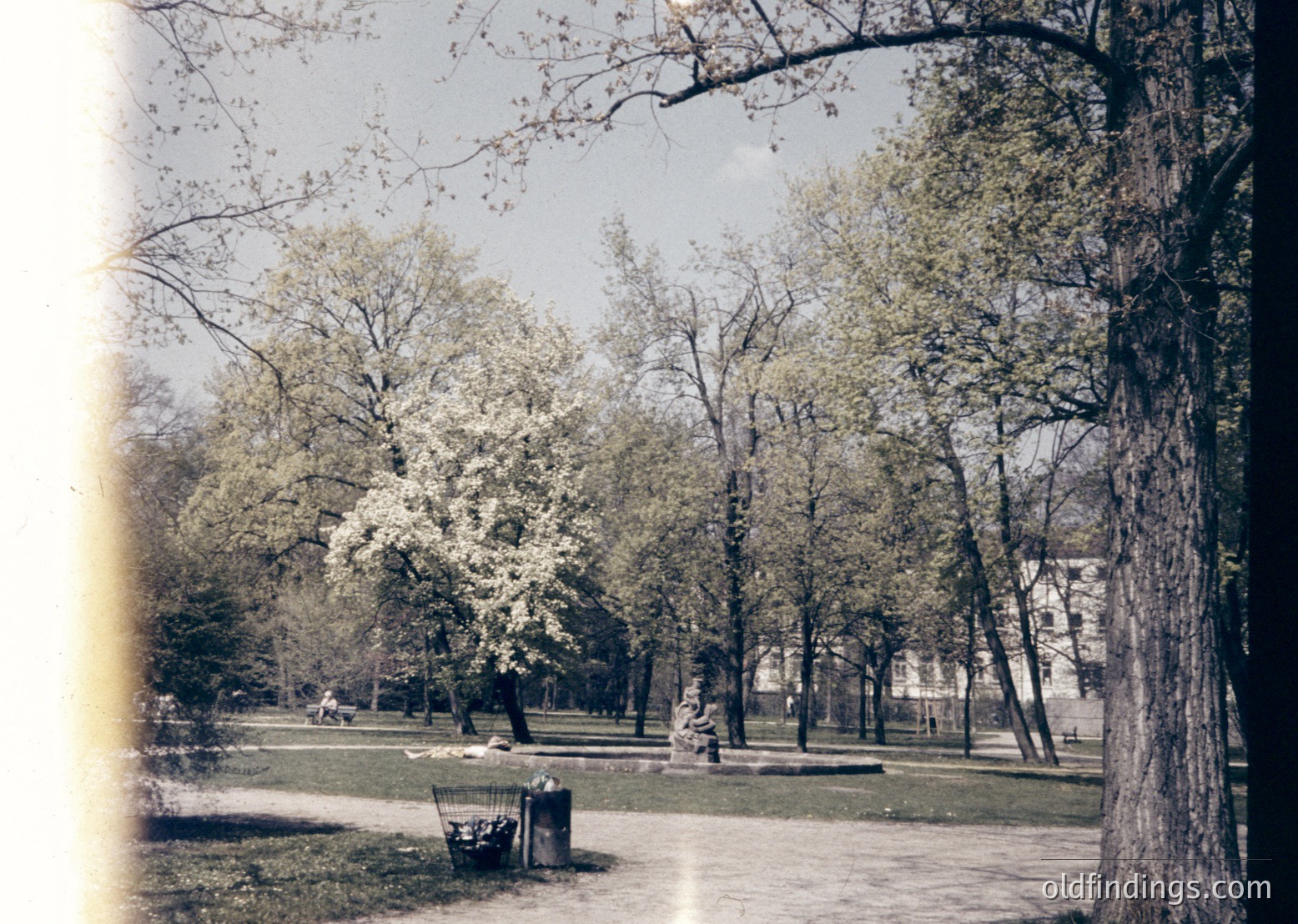 Vintage sepia-toned park scene with bare trees and sparse foliage, suggesting early spring or late autumn. A lone bench and trash can in foreground; distant figures walking. Urban buildings visible in background, hinting at a city park setting. Likely mid-20th century due to coloration and style.